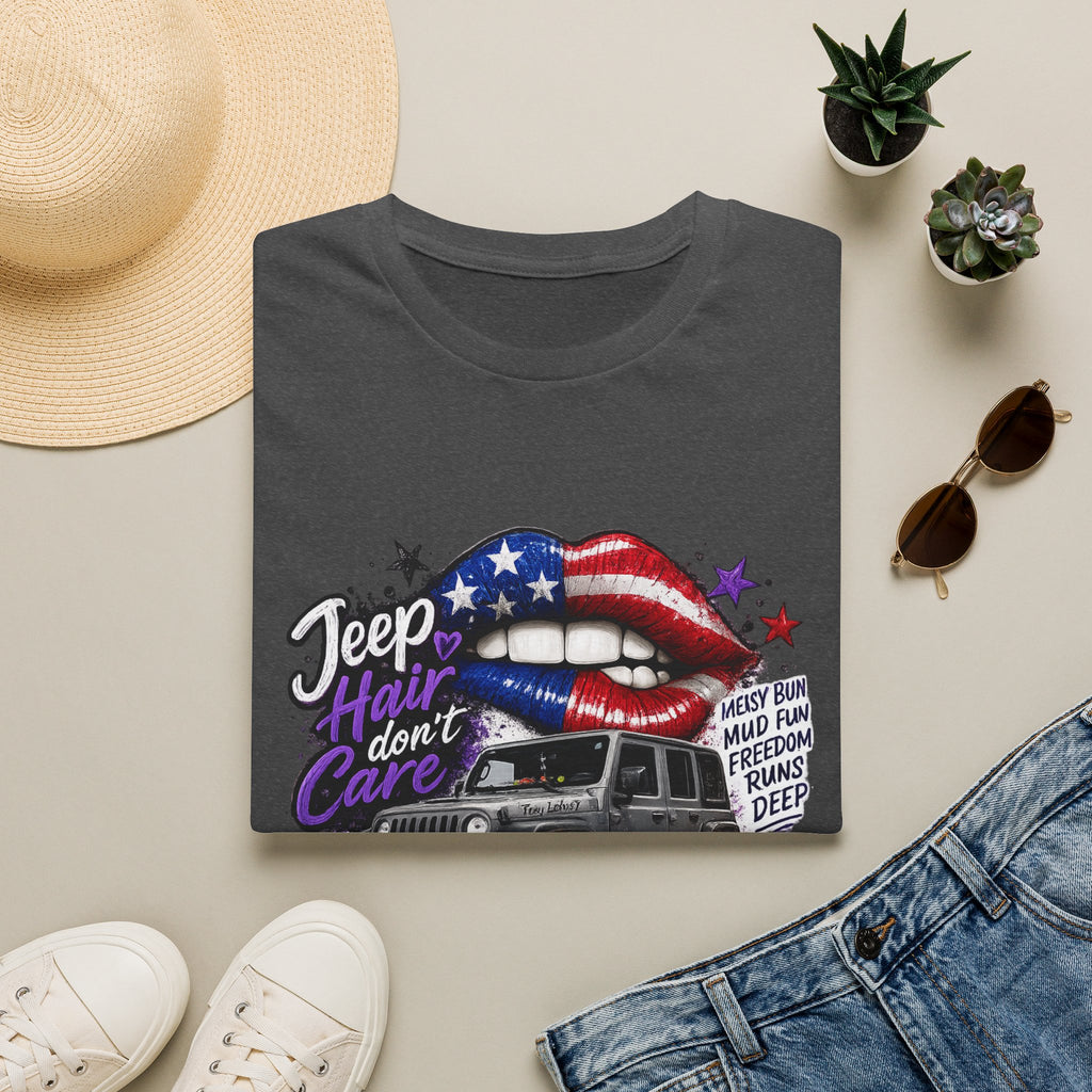 Jeep Hair Don't Care T-Shirt — American Flag Lips Off-Road Truck Tee