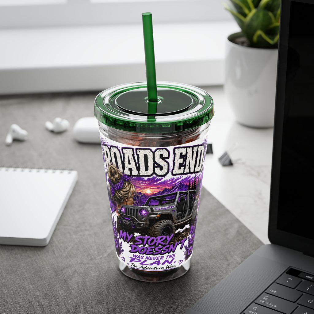 Roads End 16oz Tumbler with Straw — Purple Adventure Truck Design