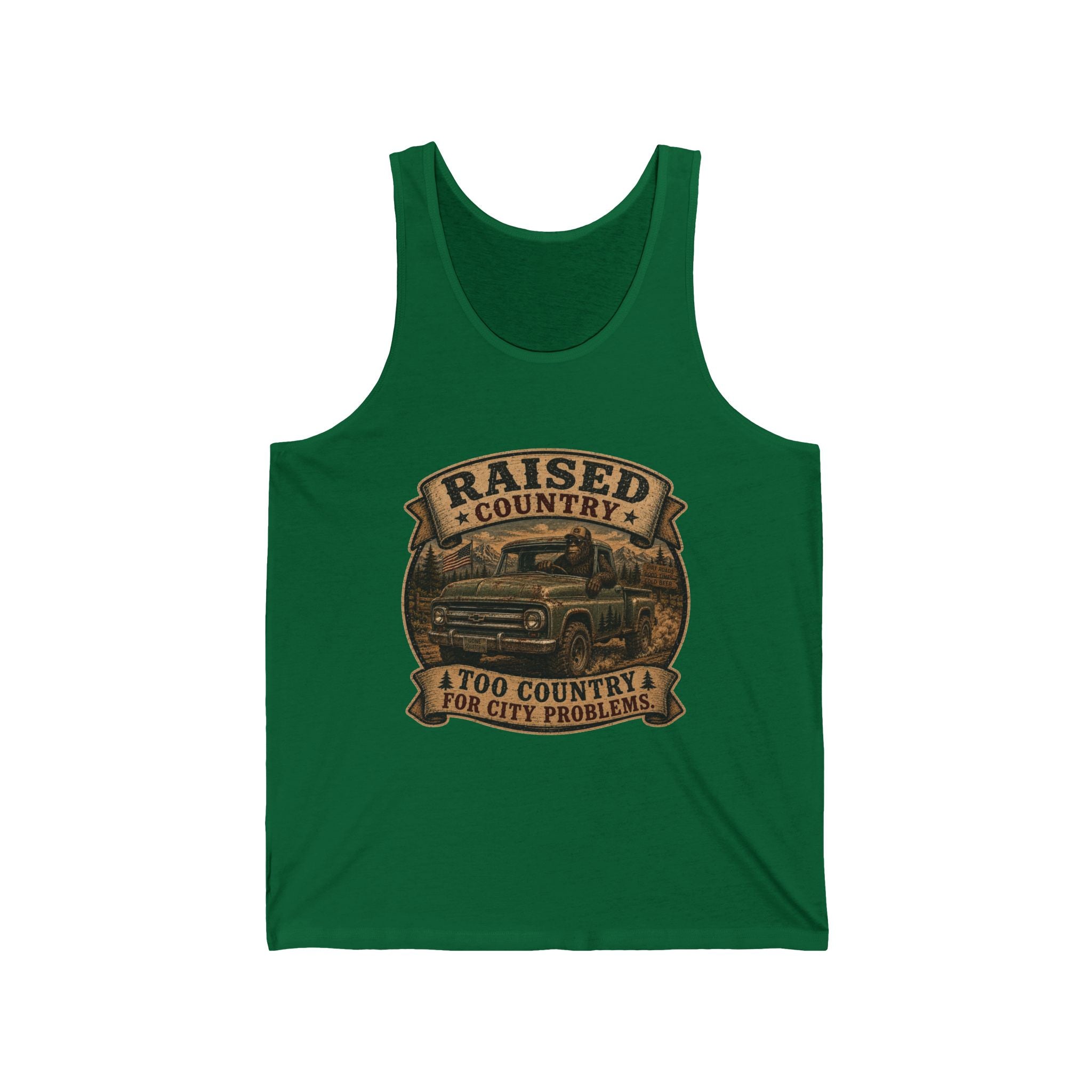 "Raised Country: Too Country for City Problems" — Country Raised Truck Tank Top