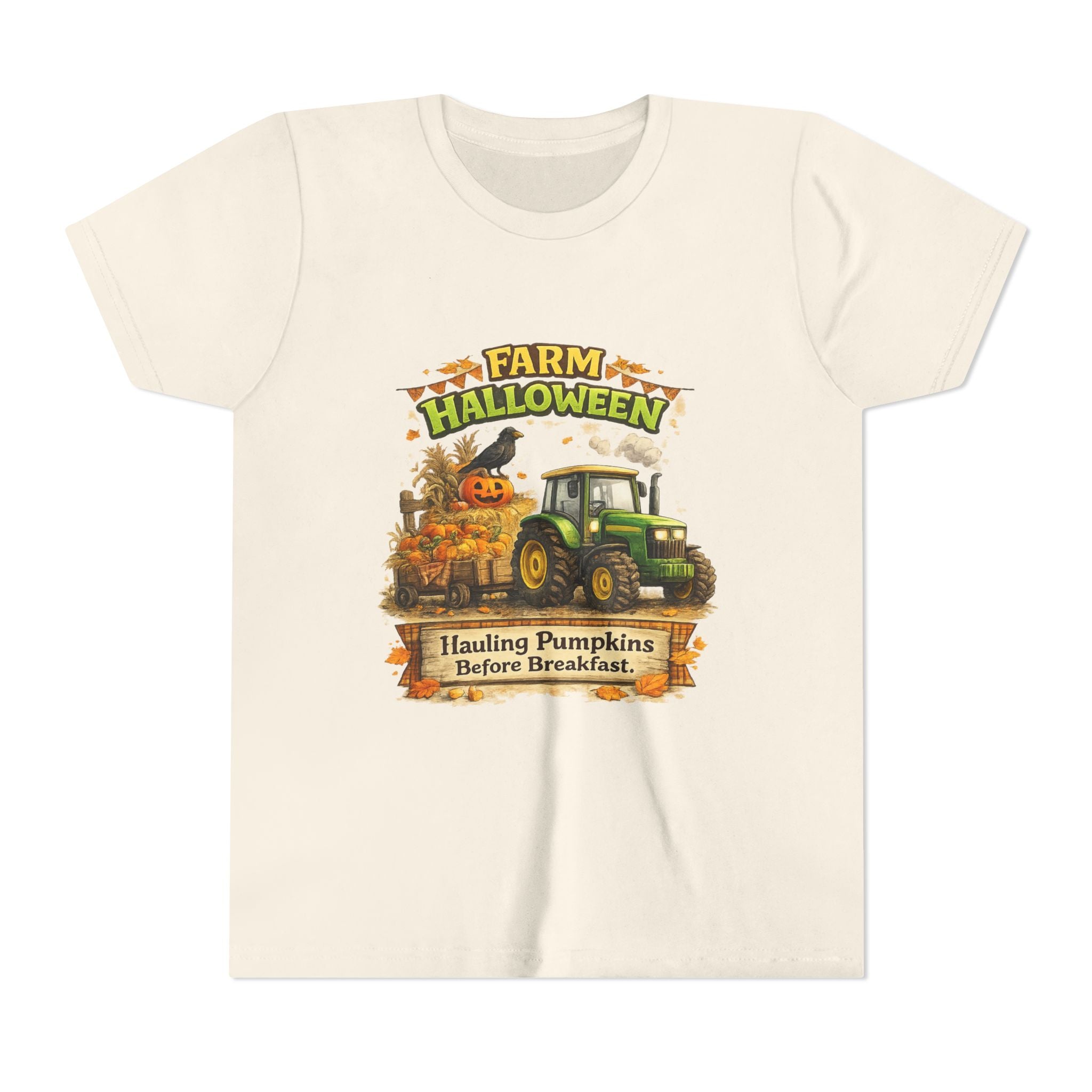 "Hauling Pumpkins Before Breakfast" Tractor Graphic — Youth Farm Halloween Tee