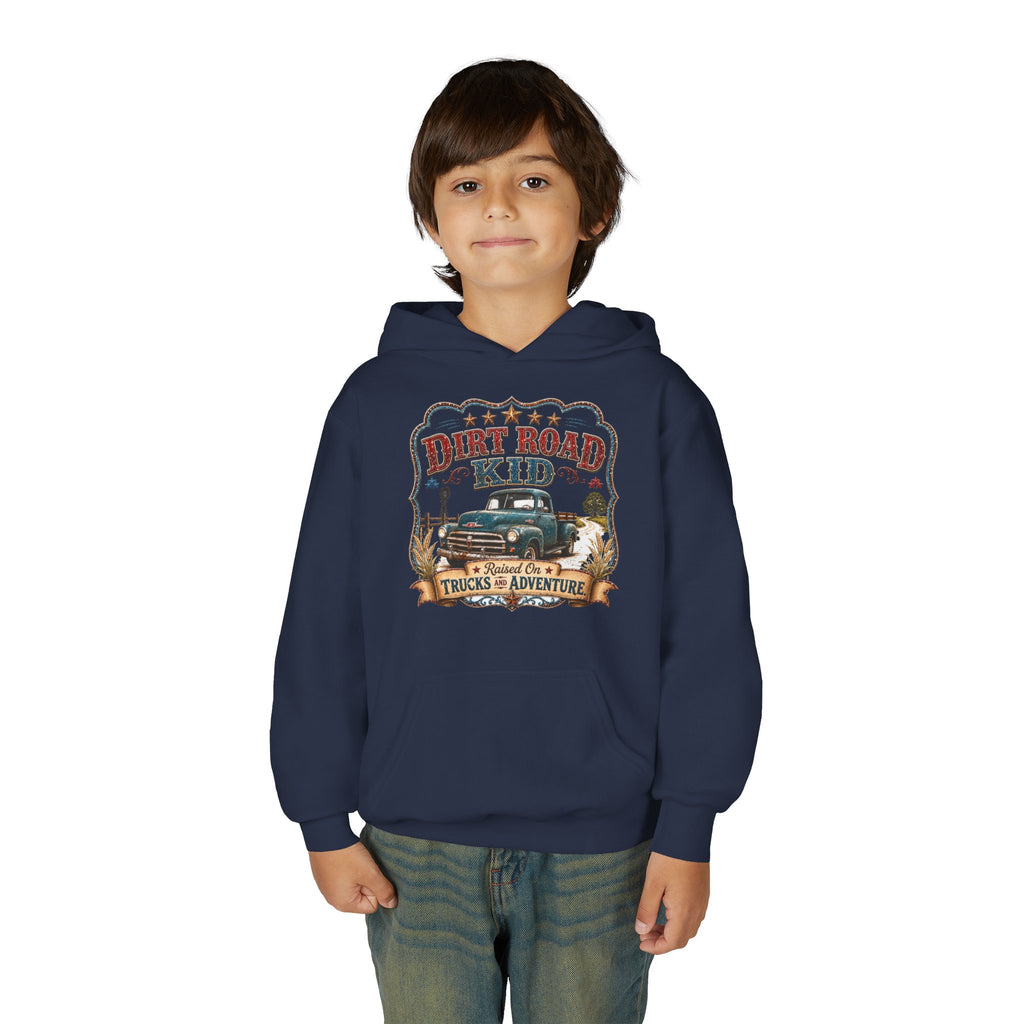 Youth Hoodie — “Dirt Road Kid” Vintage Truck Adventure Sweatshirt