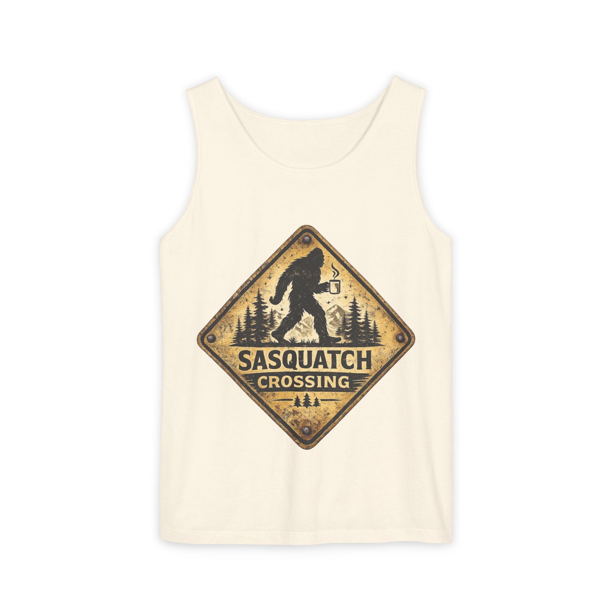 Sasquatch Crossing Tank Top — Vintage Bigfoot Forest Sign Sleeveless Tank