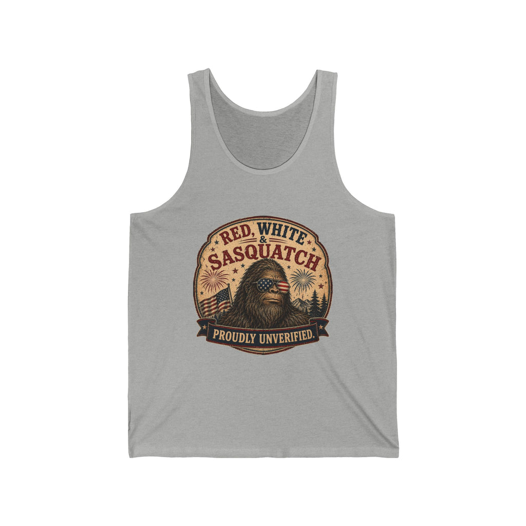 "Red, White & Sasquatch: Proudly Unverified" Graphic Tank — Patriotic Sasquatch Tank Top