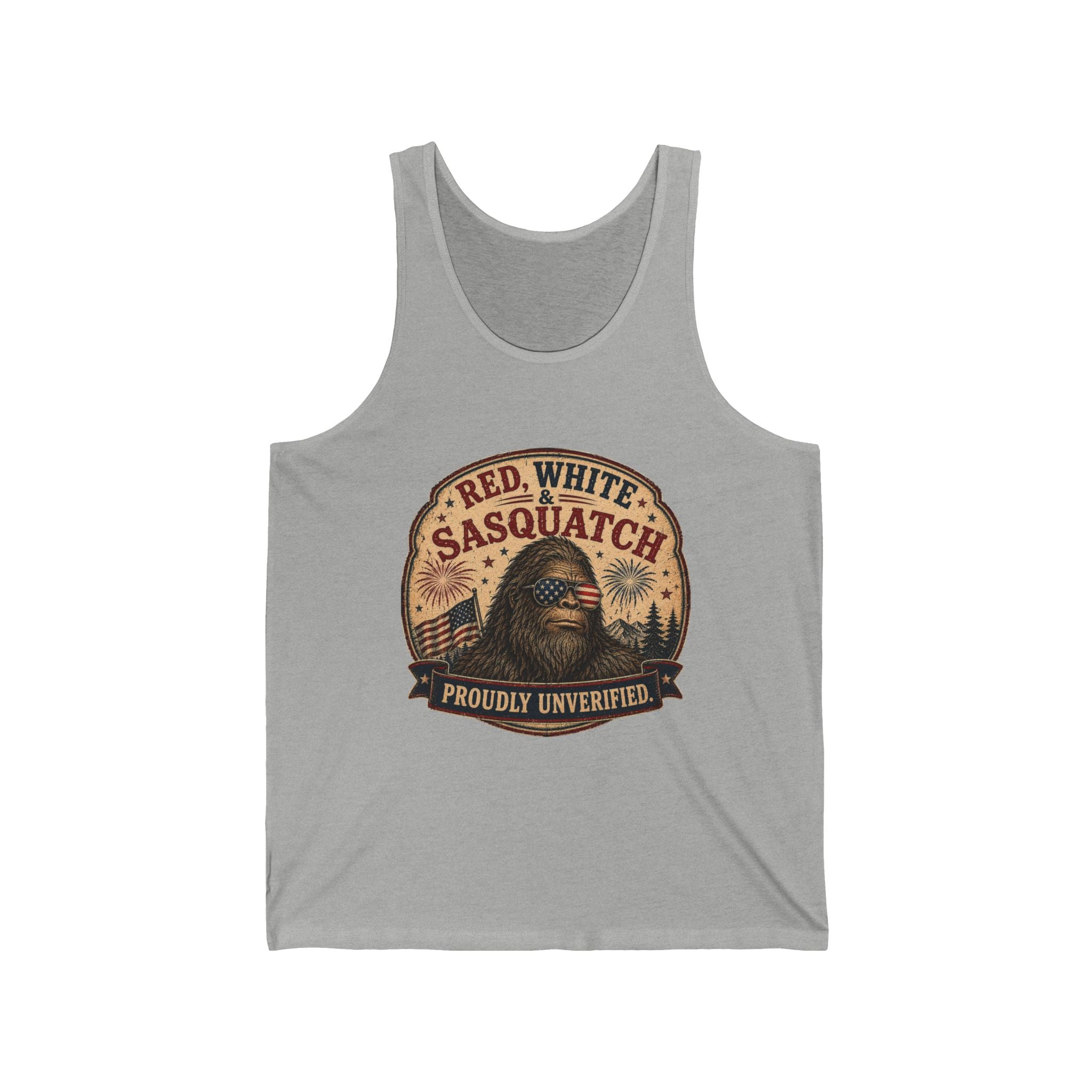 "Red, White & Sasquatch: Proudly Unverified" Graphic Tank — Patriotic Sasquatch Tank Top