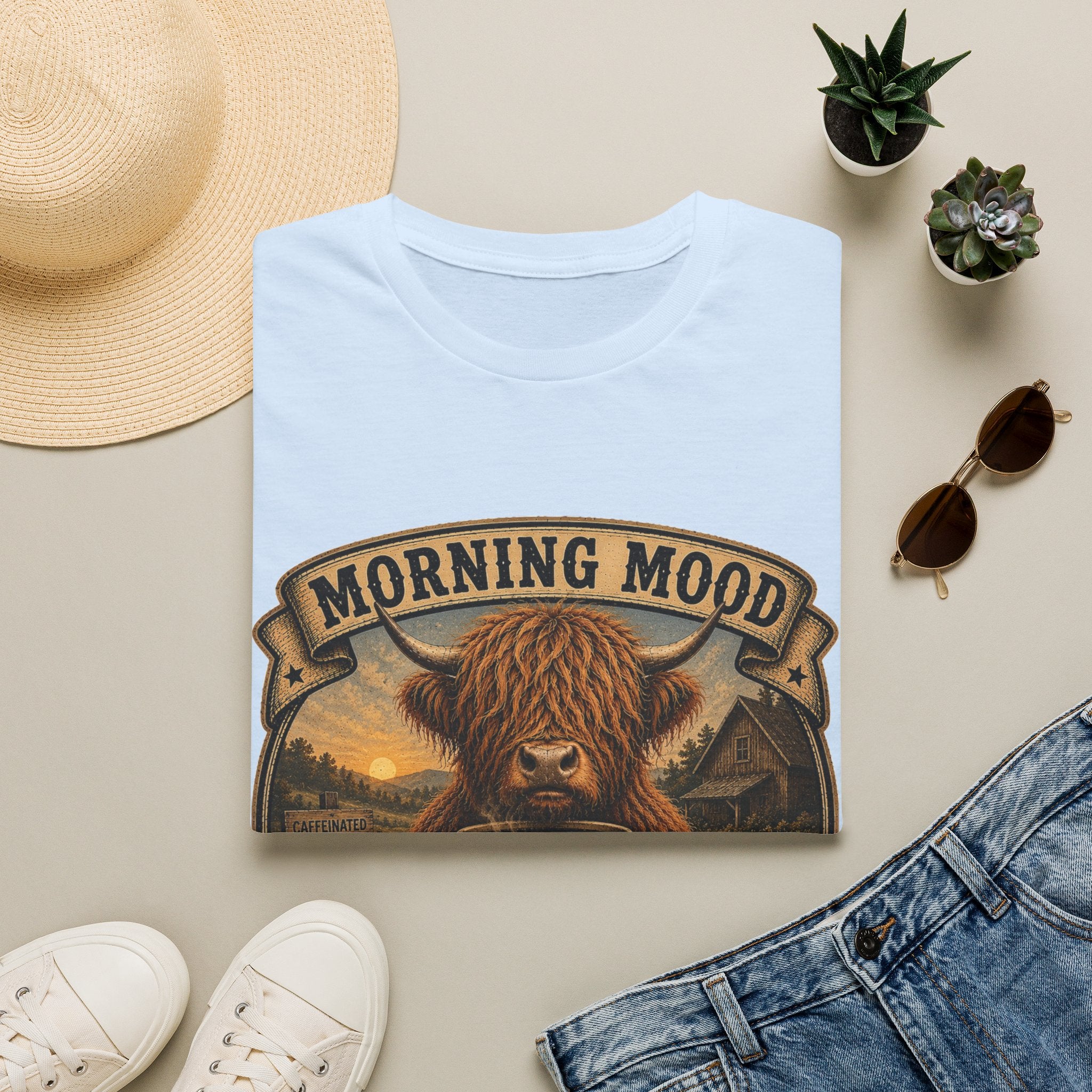 Morning Mood Moo First Questions Later Highland Cow Unisex Softstyle T-Shirt
