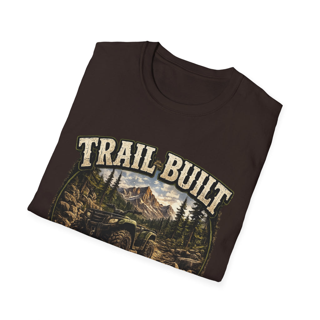 Trail-Built T-Shirt — Mountain Forest Adventure Tee ("Trail Built: Character Is Built Where The Pavement Ends")