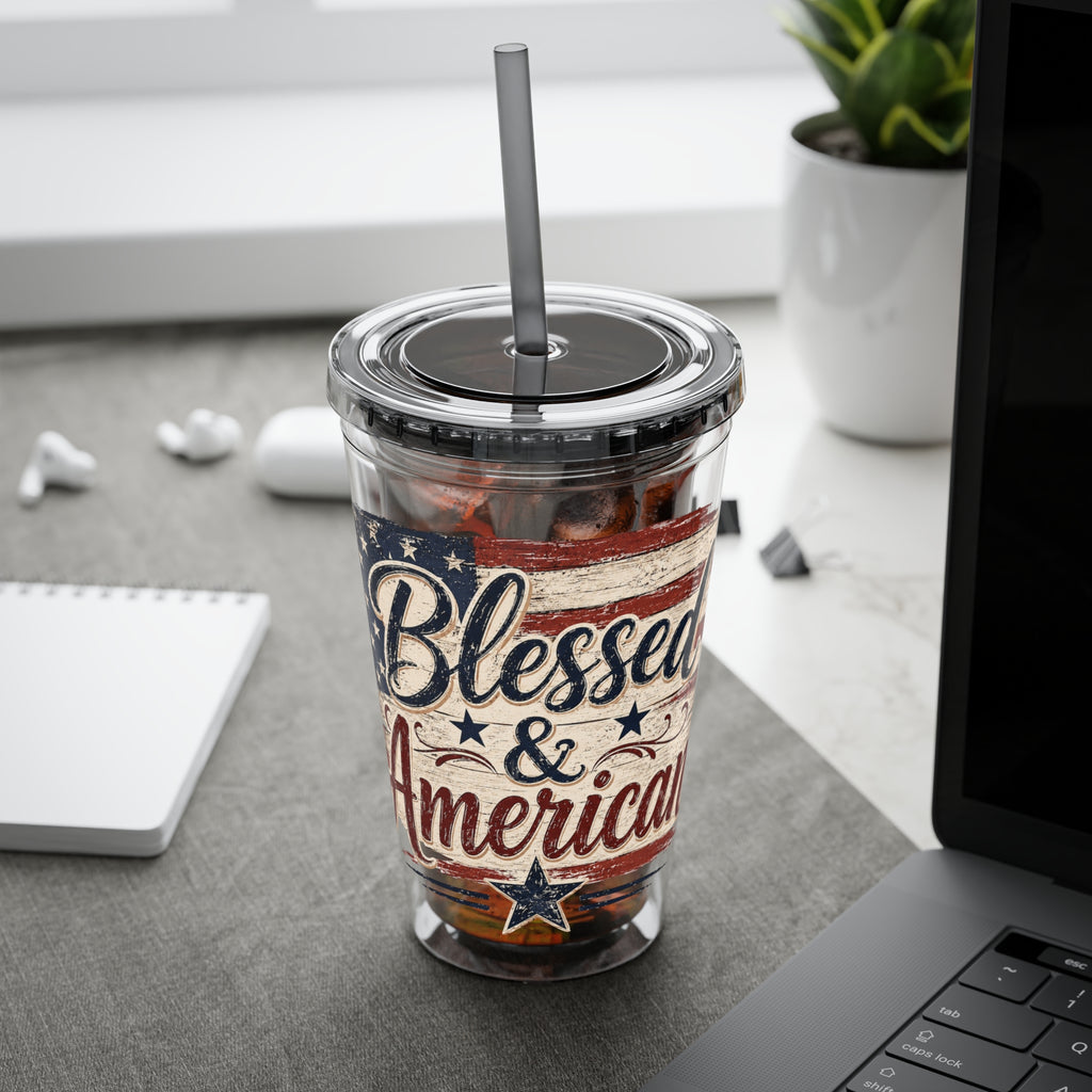 Blessed & American Sunsplash Tumbler with Straw, 16oz