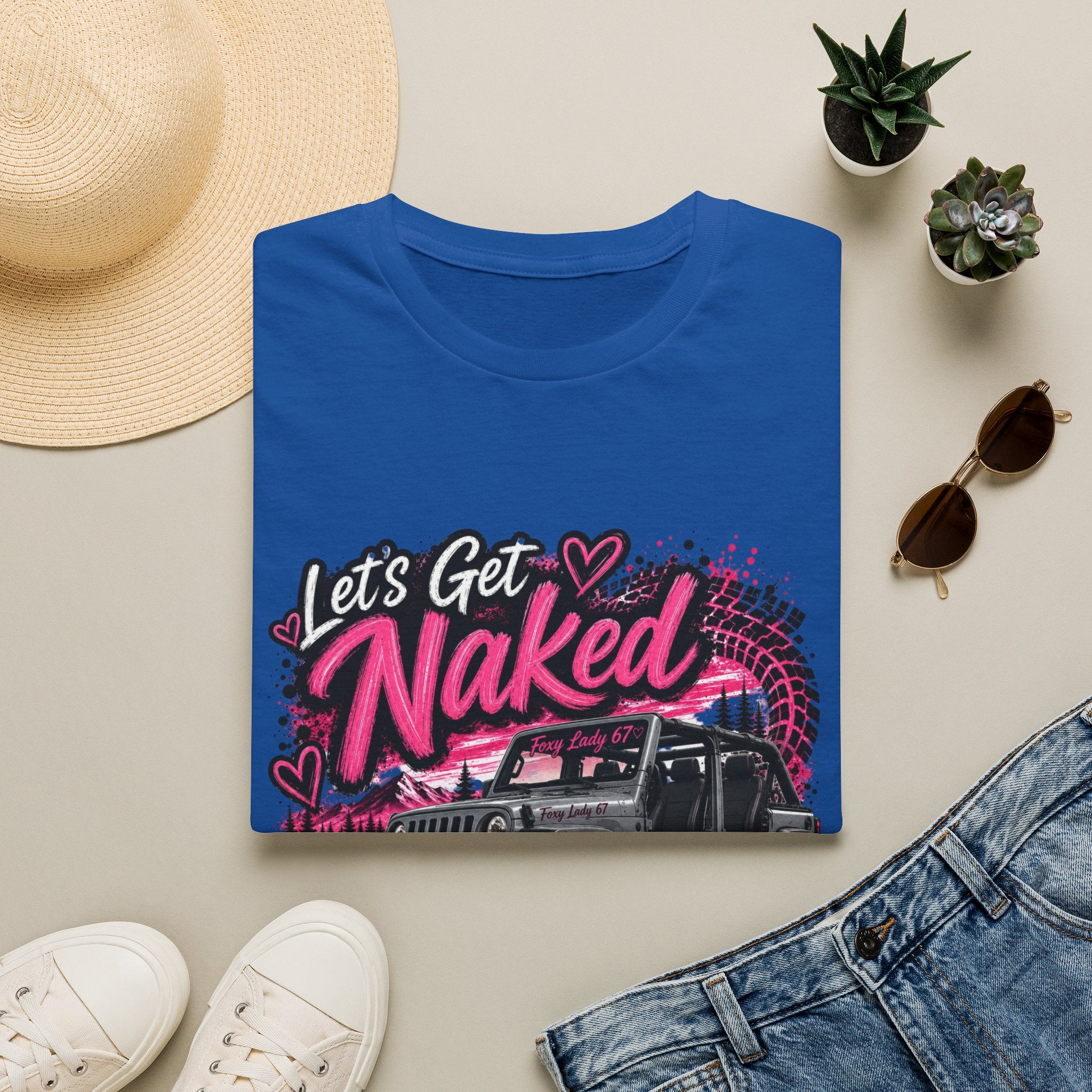 Jeep 'Let's Get Naked' Graphic T-Shirt — (Pink) Funny Off-Roading Top