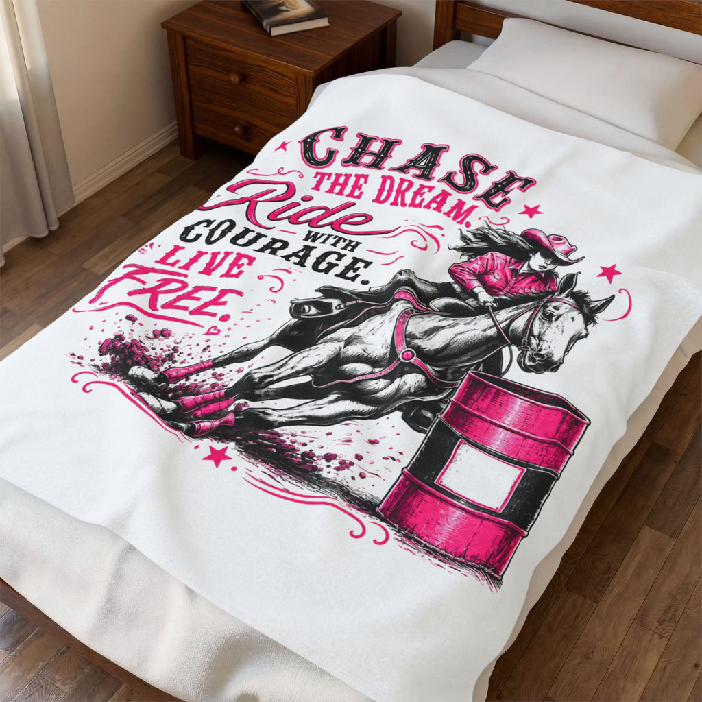 "Chase the Dream, Ride with Courage, Live Free" Barrel Racing Cowgirl Throw (Pink) — Velveteen Plush Blanket