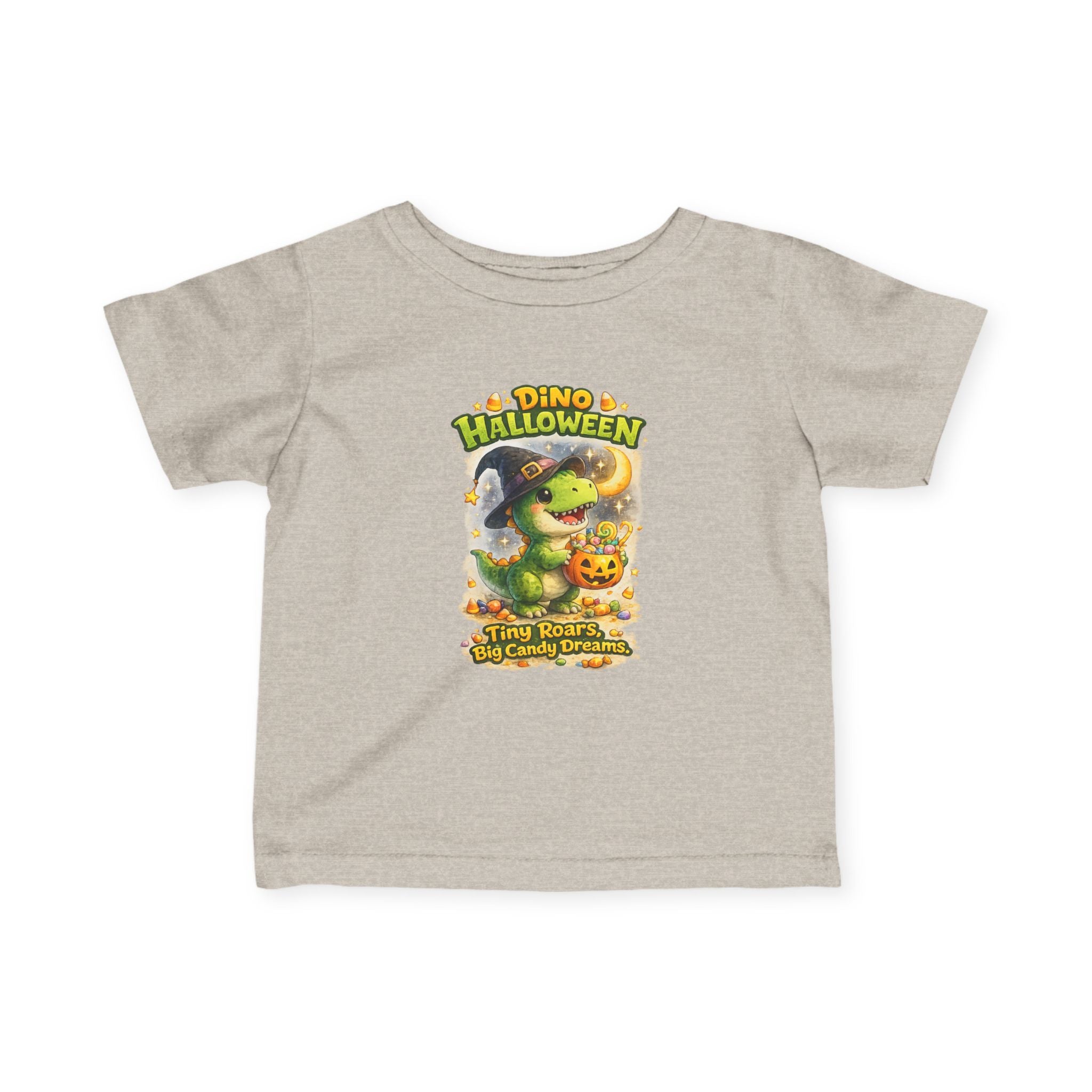 "Tiny Roars, Big Candy Dreams" Baby Shirt — Infant Halloween Dino Tee