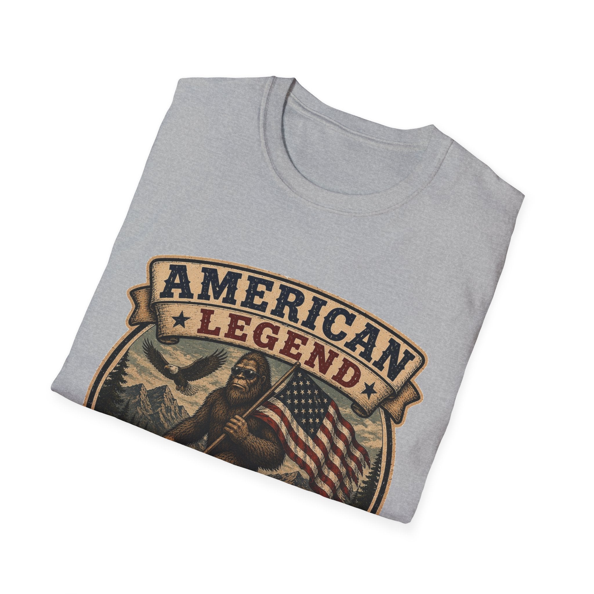 American Legend T-Shirt — Patriotic Bigfoot Design ("Protected by Freedom & Mystery")