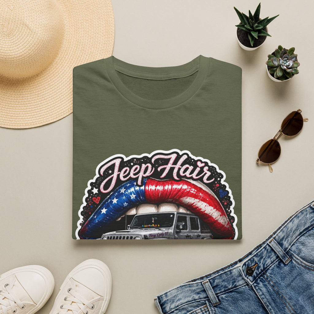 Jeep Hair Don't Care T-Shirt — American Flag Lips Off‑Road Graphic Tee
