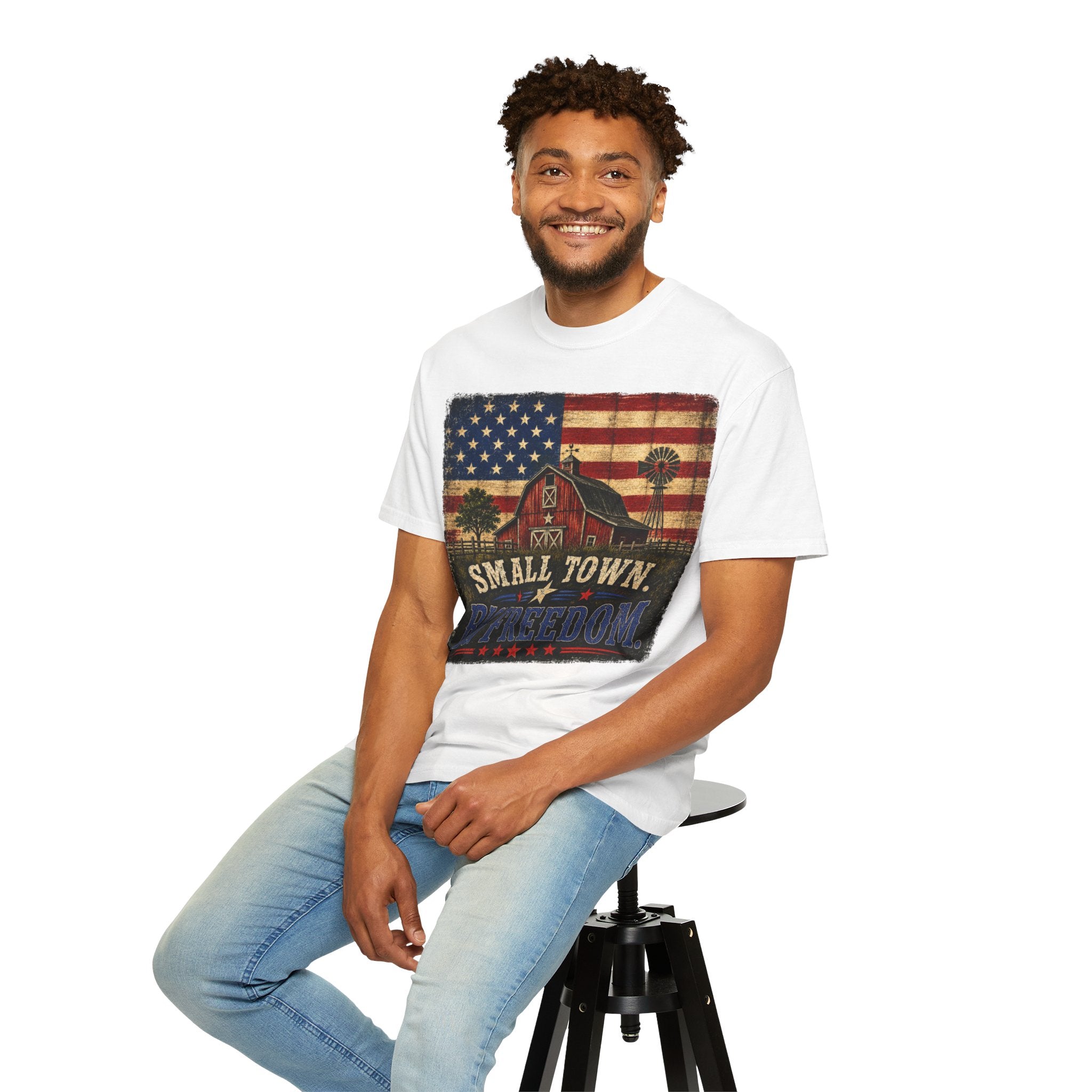 Small Town Big Freedom T-Shirt — Vintage American Flag Barn Tee