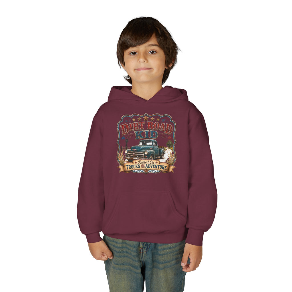 Youth Hoodie — “Dirt Road Kid” Vintage Truck Adventure Sweatshirt