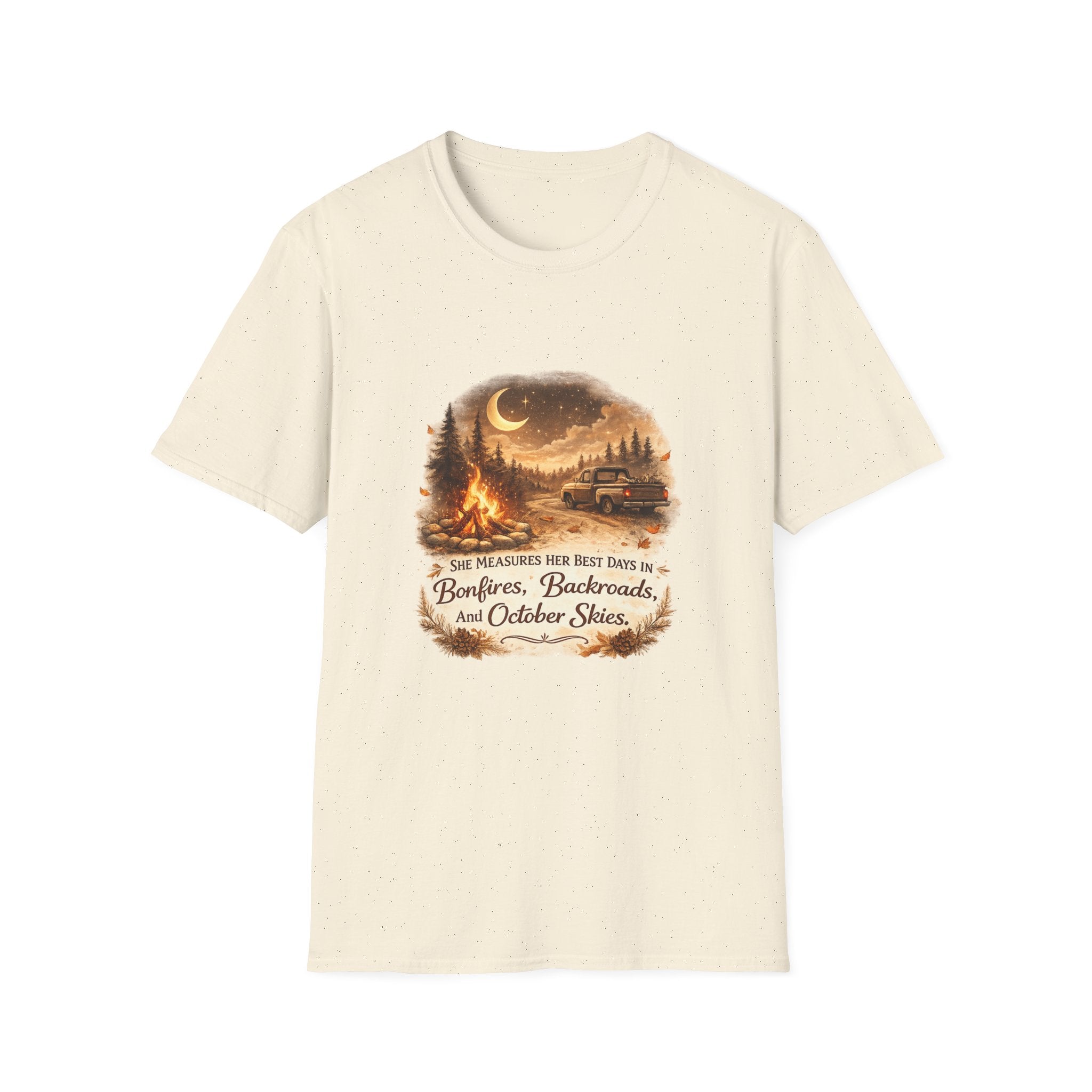 'Bonfires, Backroads, and October Skies' Outdoor Tee — Camping Scene T‑Shirt