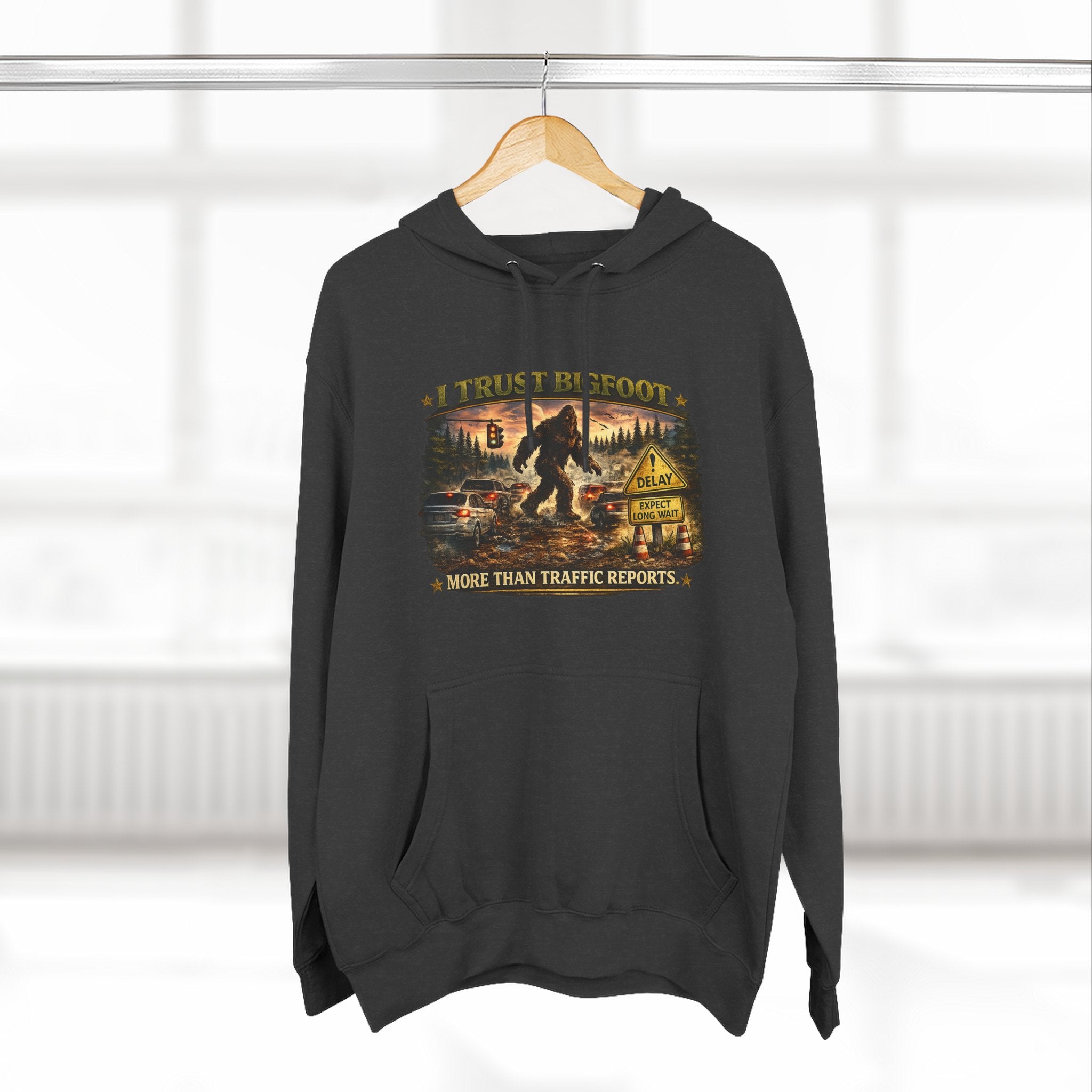 Bigfoot Forest Hoodie - "More Than Traffic Reports" Retro Sasquatch Graphic Hoodie