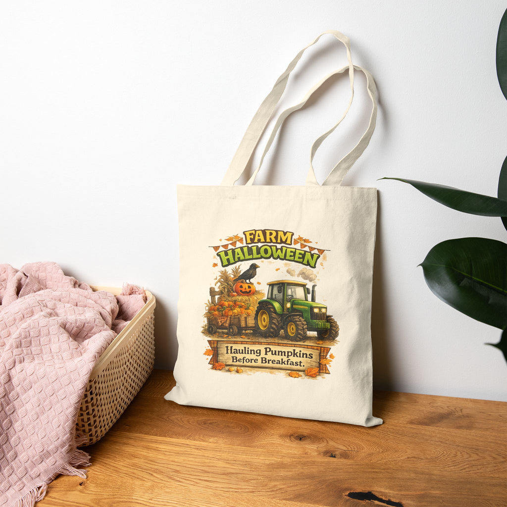 Farm Halloween Tote Bag — "Hauling Pumpkins Before Breakfast" Cotton Canvas Tote