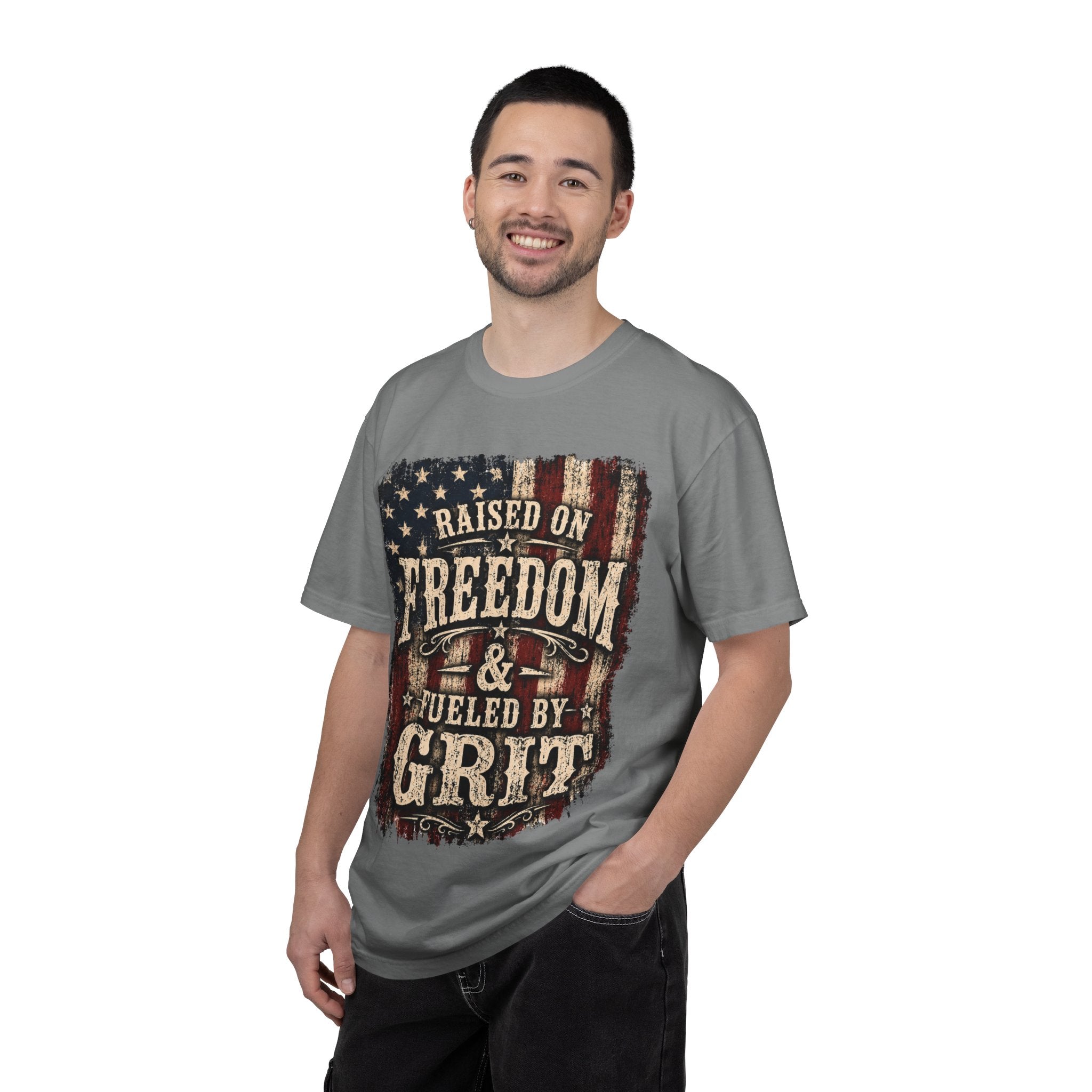 Raised on Freedom & Fueled by Grit T-Shirt — Patriotic Vintage American Flag Tee