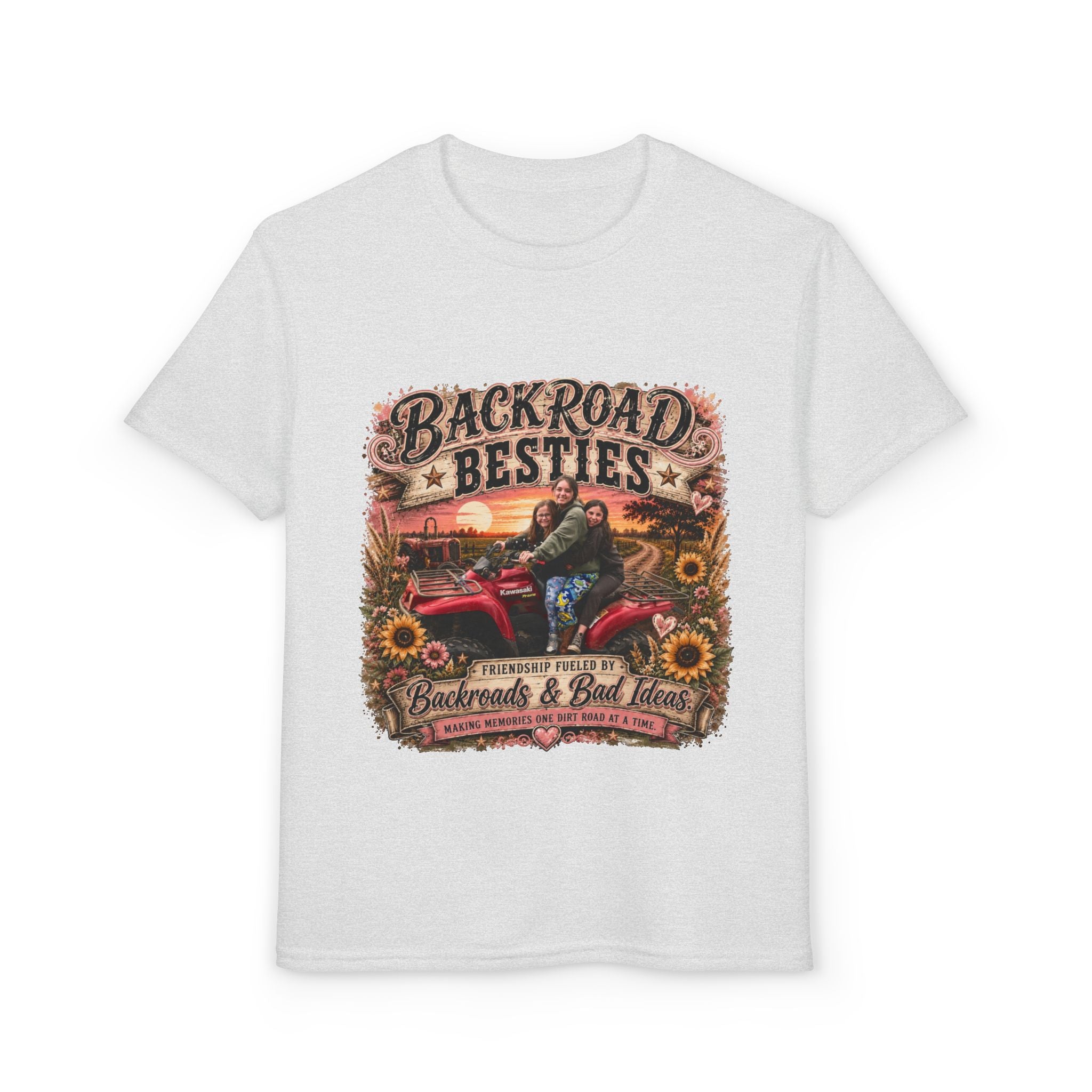 Backroad Besties Youth T‑Shirt — Vintage Tractor Sunset Kids Tee