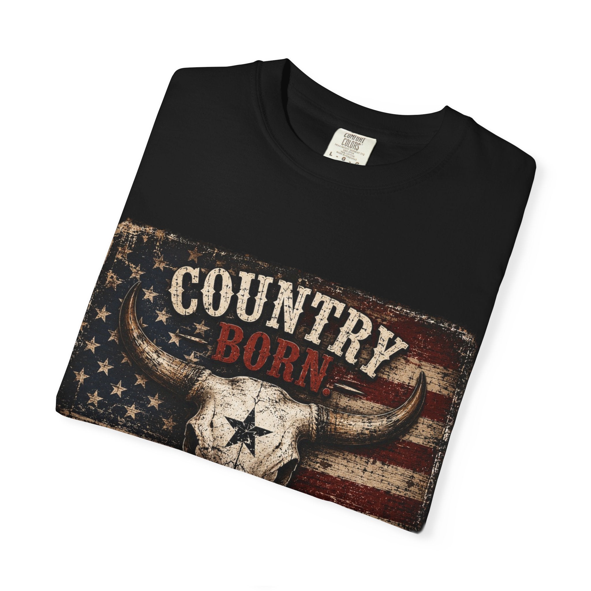 Country Born Freedom Raised T-Shirt — American Flag Steer Skull Graphic