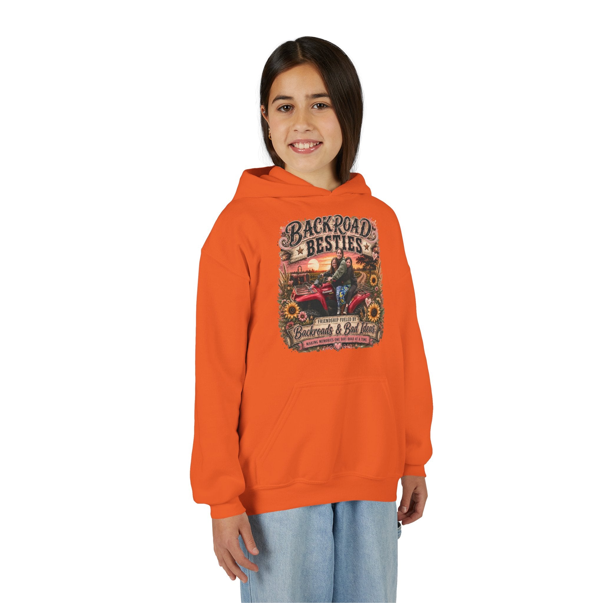 "Backroad Besties" Vintage Truck & Sunflower — Graphic Youth Hoodie