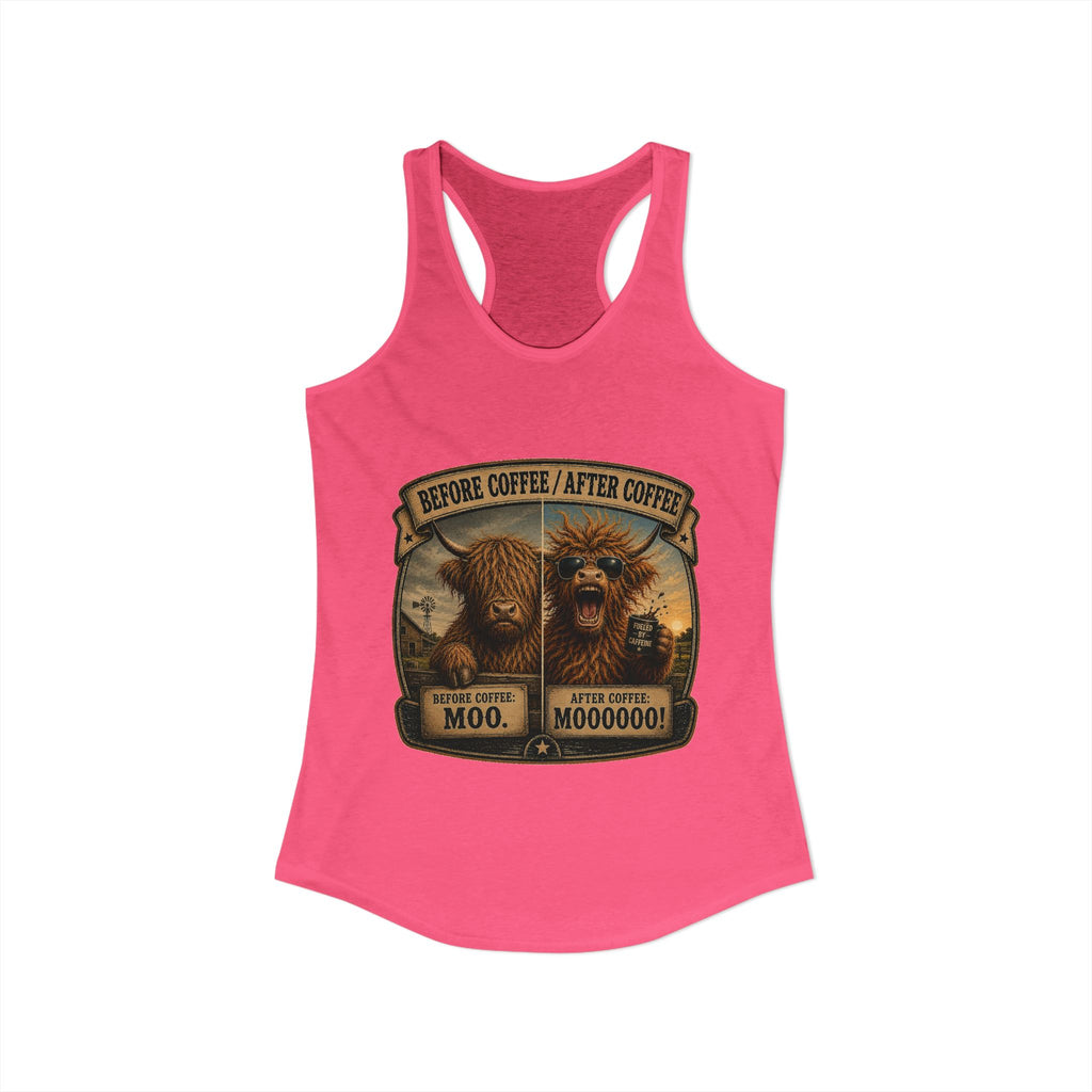 Before Coffee/After Coffee Highland Cow Women's Ideal Racerback Tank