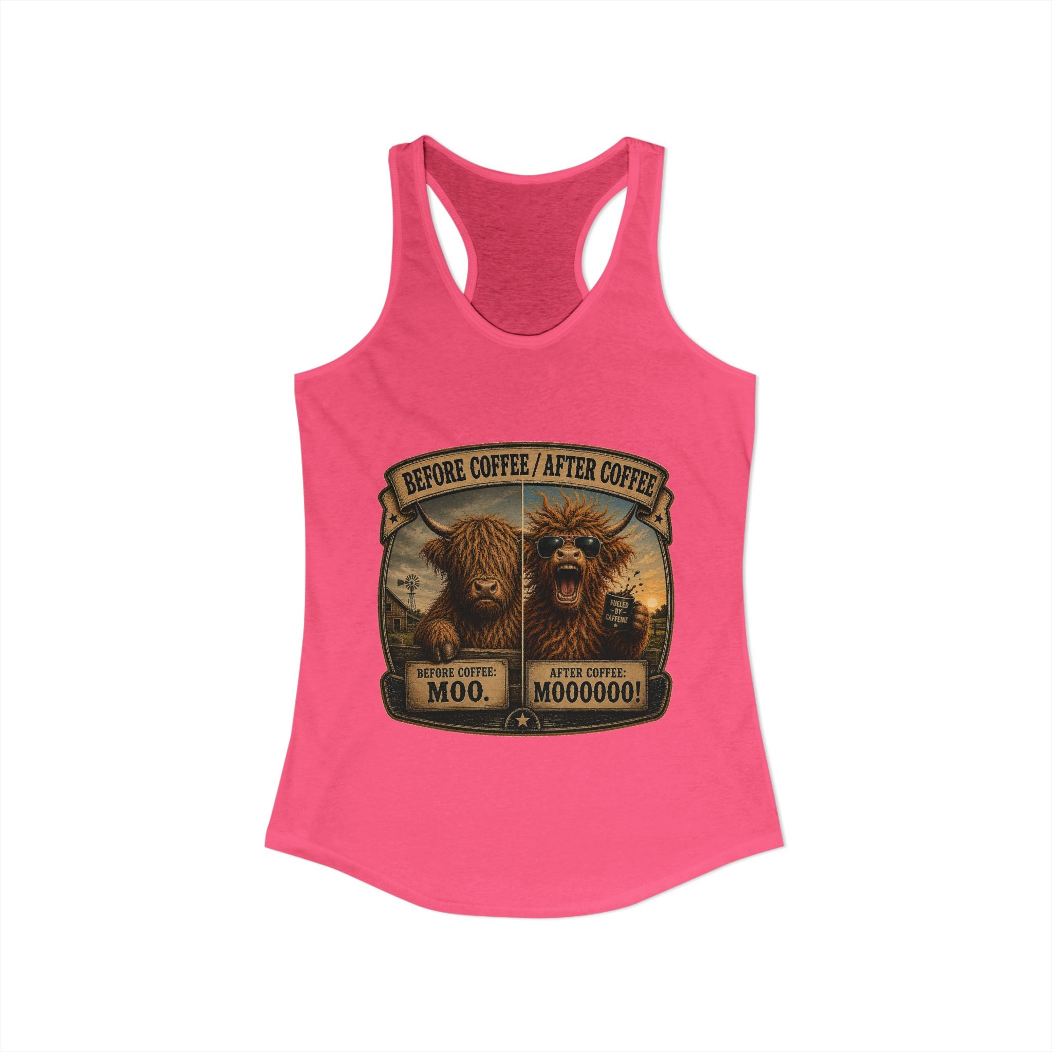 Before Coffee/After Coffee Highland Cow Women's Ideal Racerback Tank