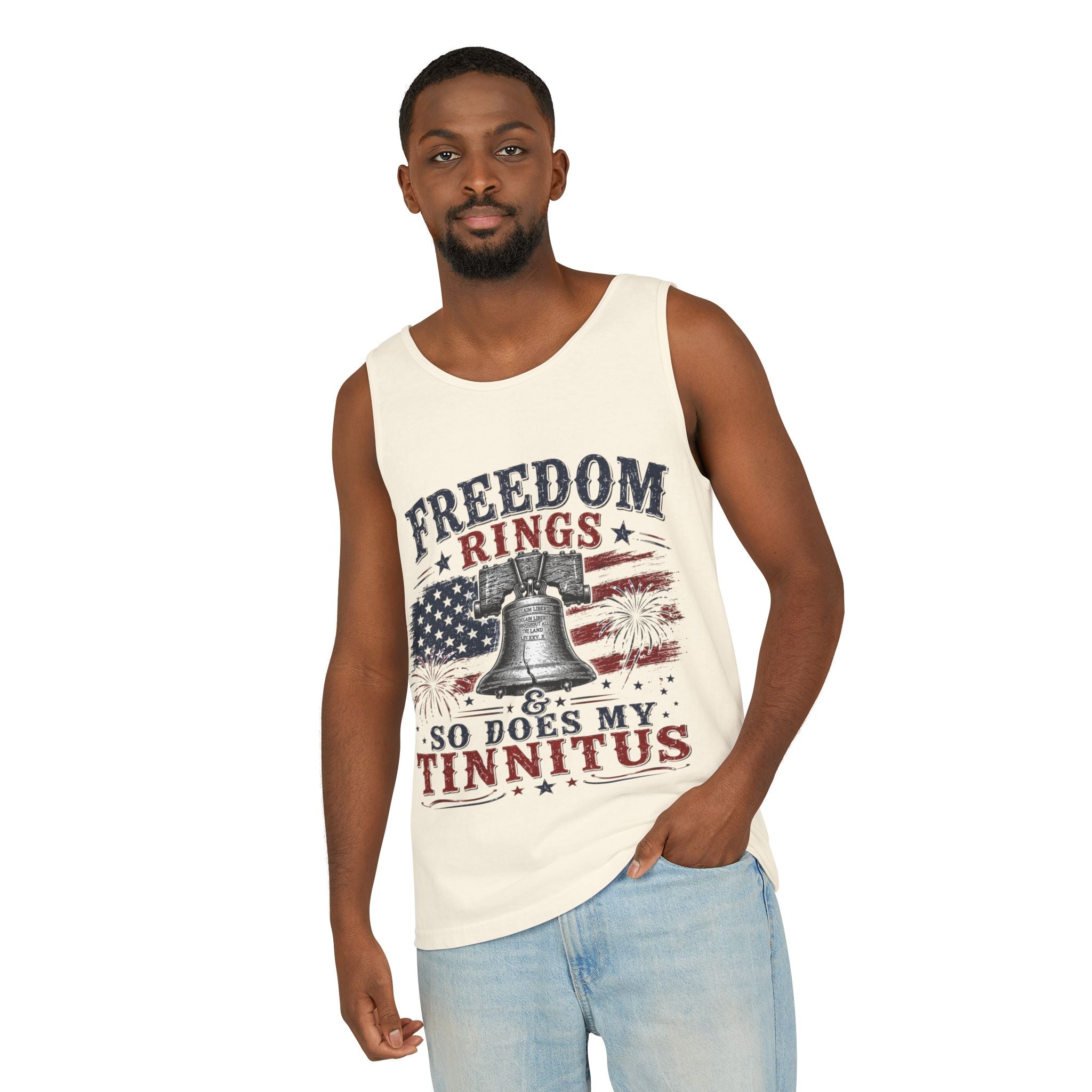 Freedom Rings Tank Top — "Freedom Rings So Does My Tinnitus" Patriotic American Flag Tee