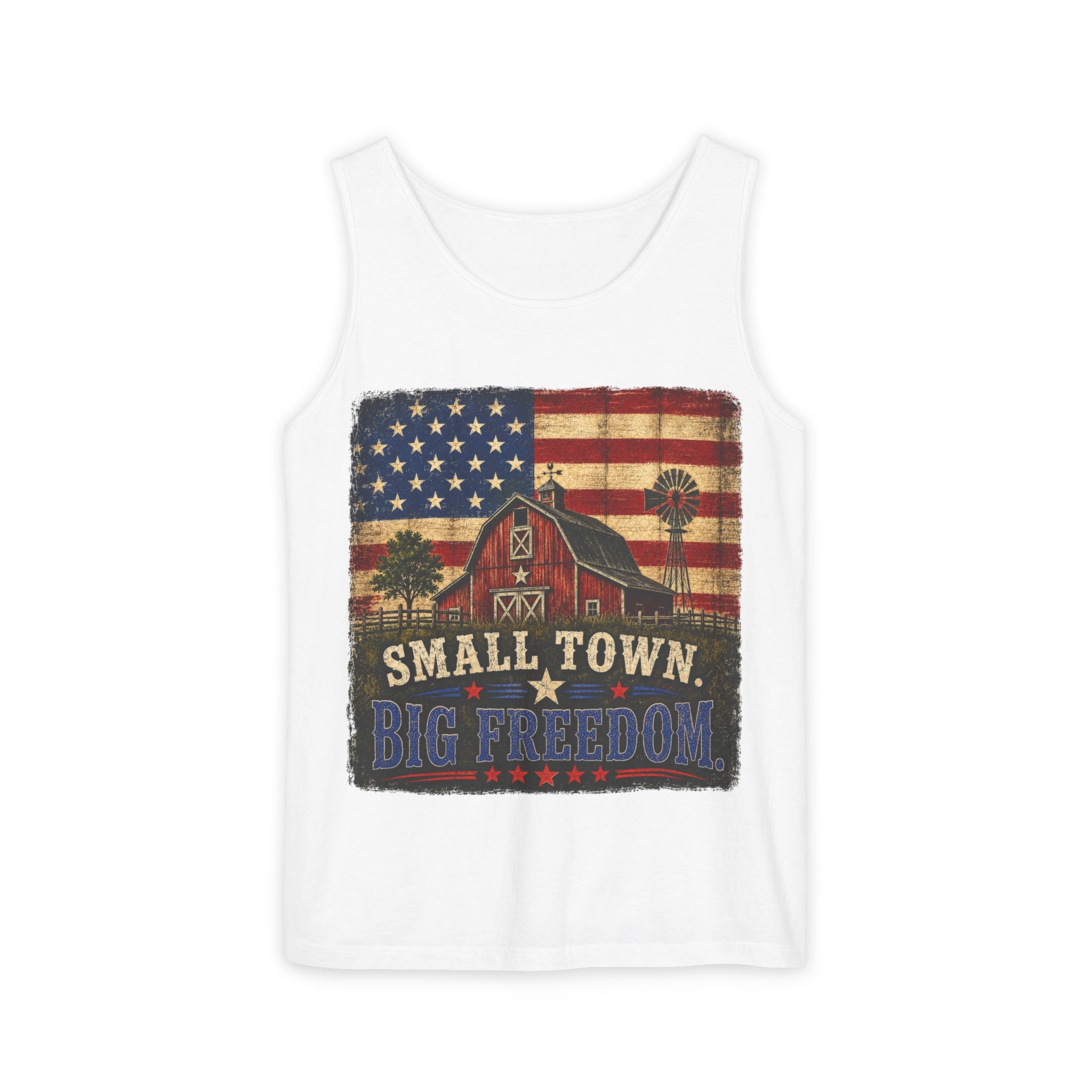 Small Town, Big Freedom Tank Top — Vintage American Flag Barn Patriotic Tank