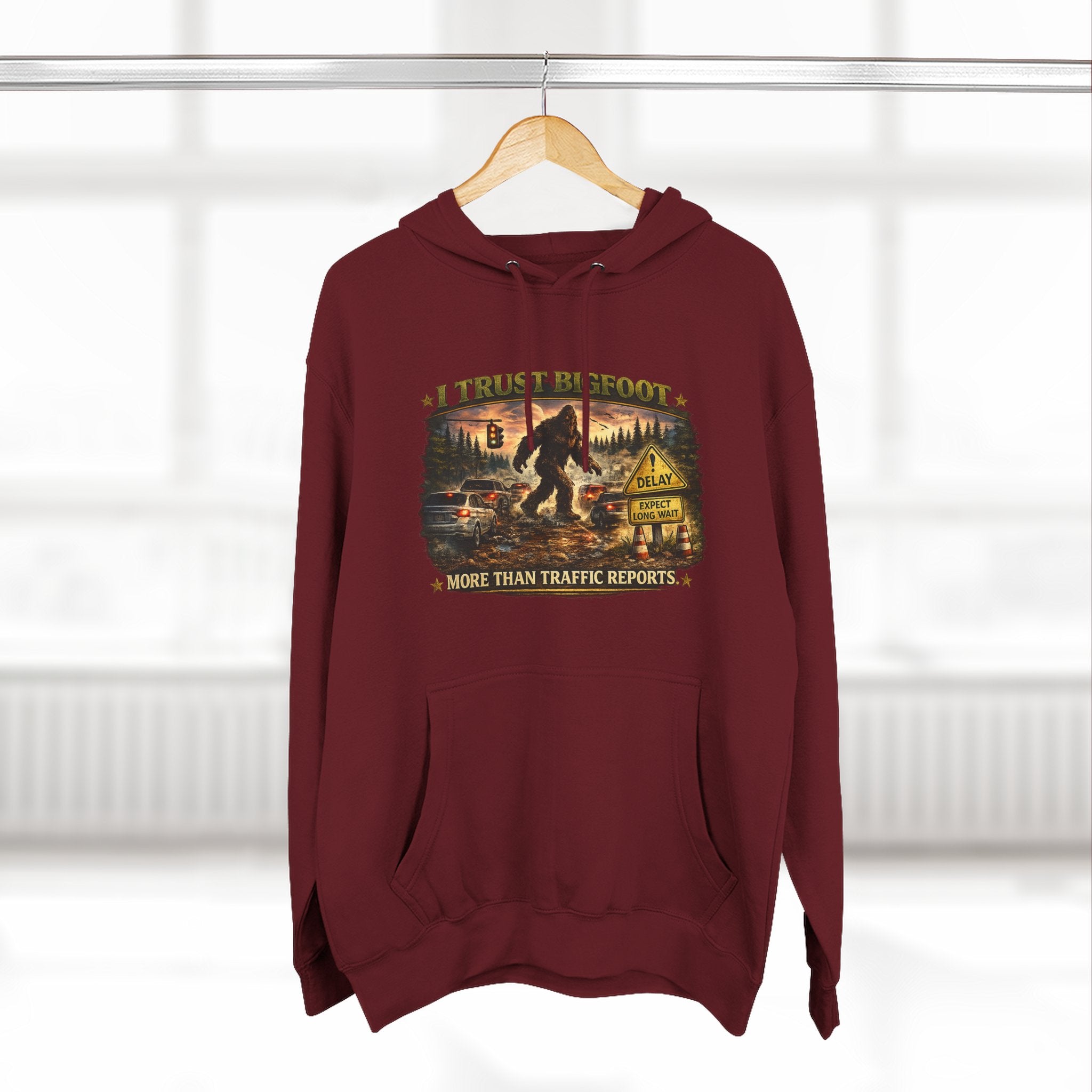 Bigfoot Forest Hoodie - "More Than Traffic Reports" Retro Sasquatch Graphic Hoodie
