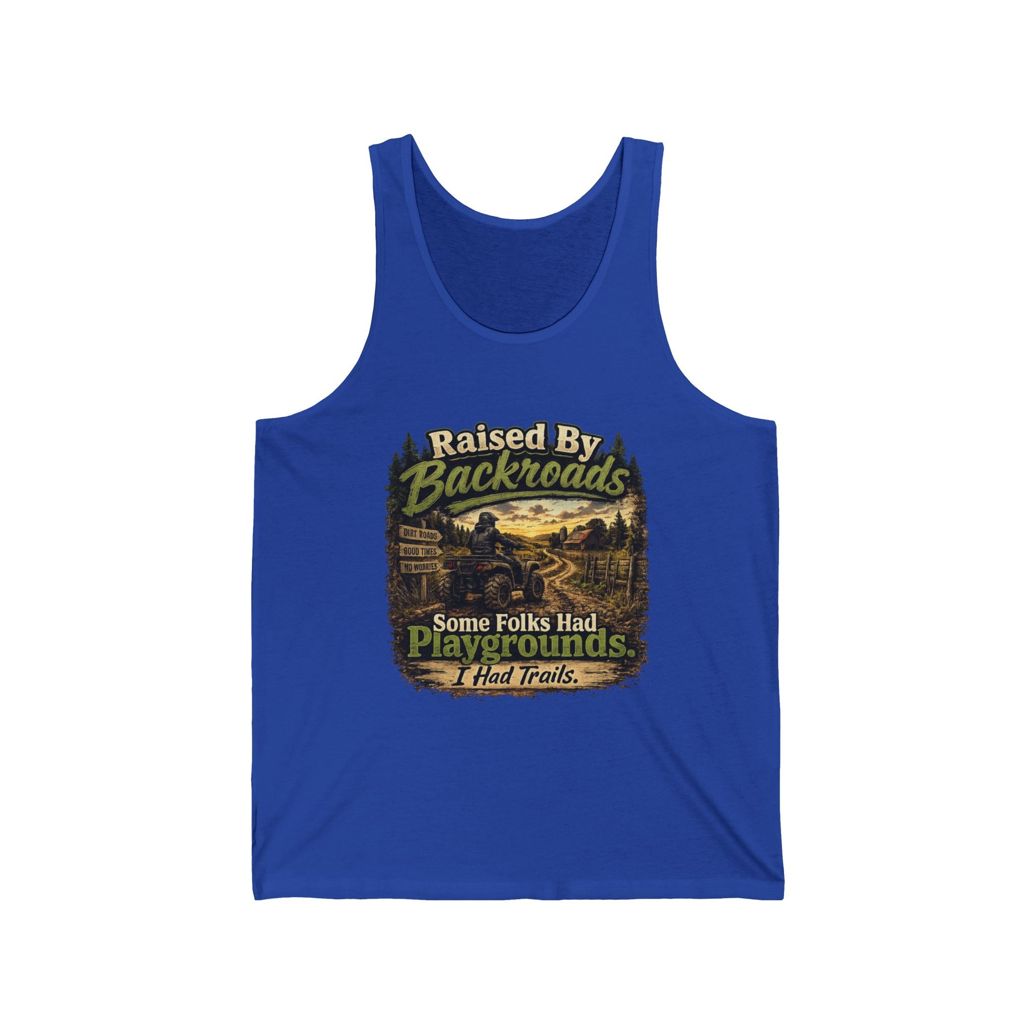 "Some Folks Had Playgrounds, I Had Trails" Outdoor Adventure Tank — Raised By Backroads Tank Top