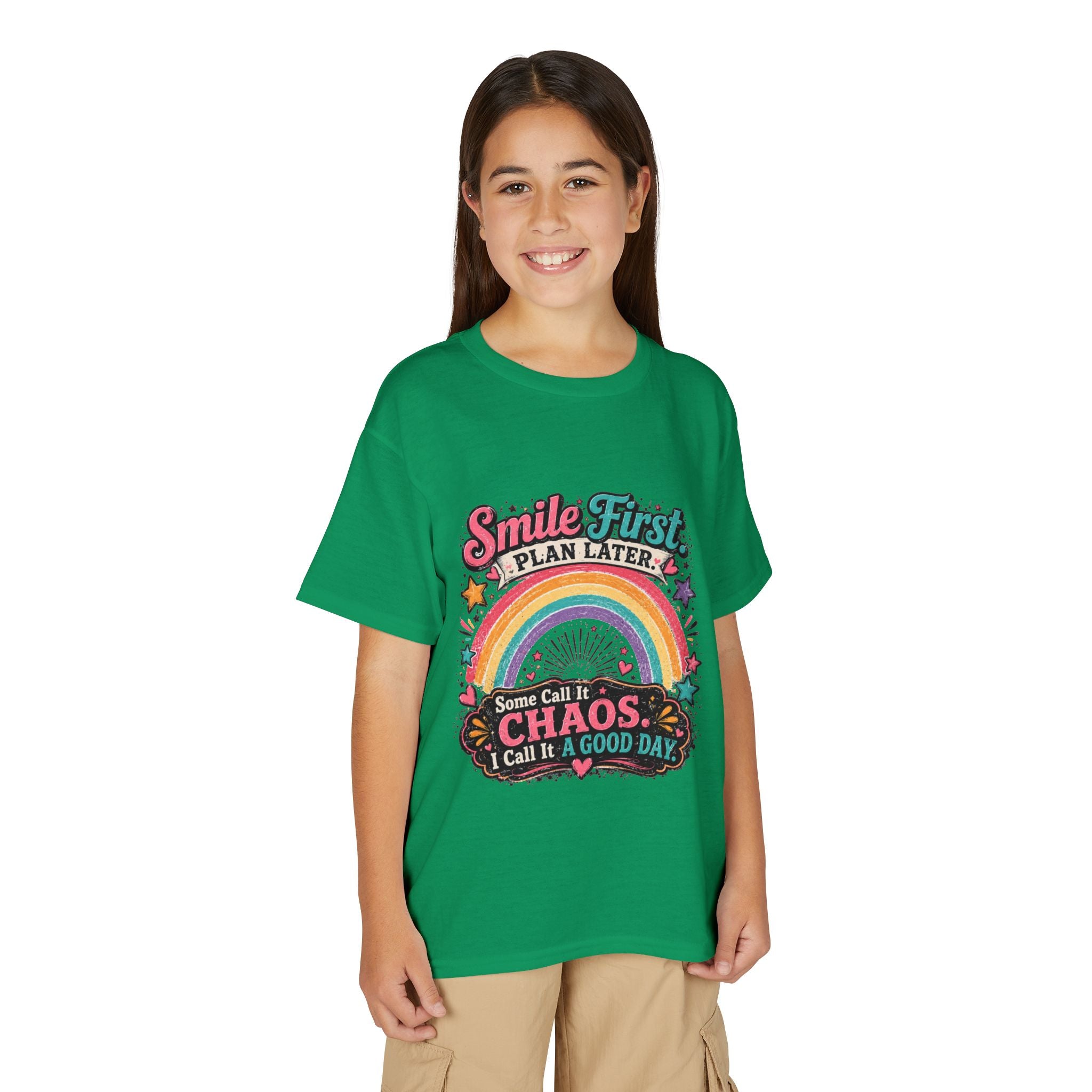 "Smile First, Plan Later" Rainbow Chaos Graphic Tee - Youth T-Shirt —