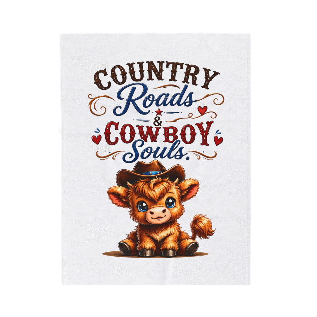 Country Roads & Cowboy Souls Velveteen Plush Blanket – Cute Cow in Cowboy Hat