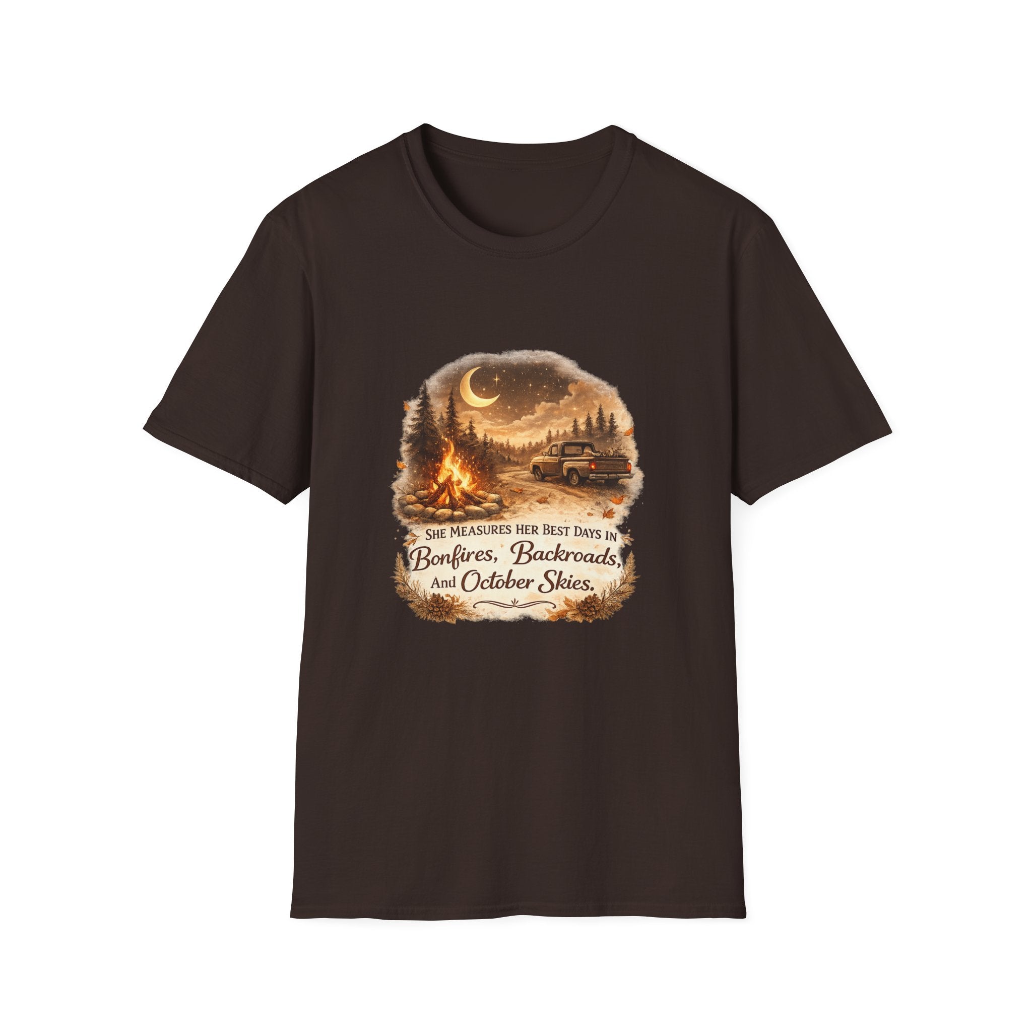 'Bonfires, Backroads, and October Skies' Outdoor Tee — Camping Scene T‑Shirt