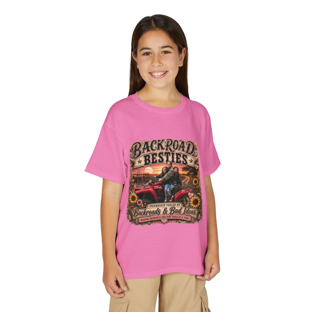 Backroad Besties Youth T‑Shirt — Vintage Tractor Sunset Kids Tee