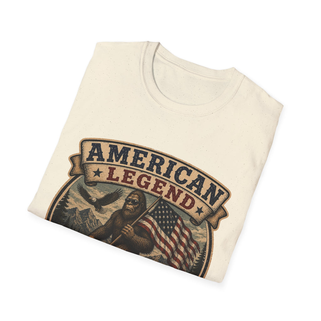 American Legend T-Shirt — Patriotic Bigfoot Design ("Protected by Freedom & Mystery")