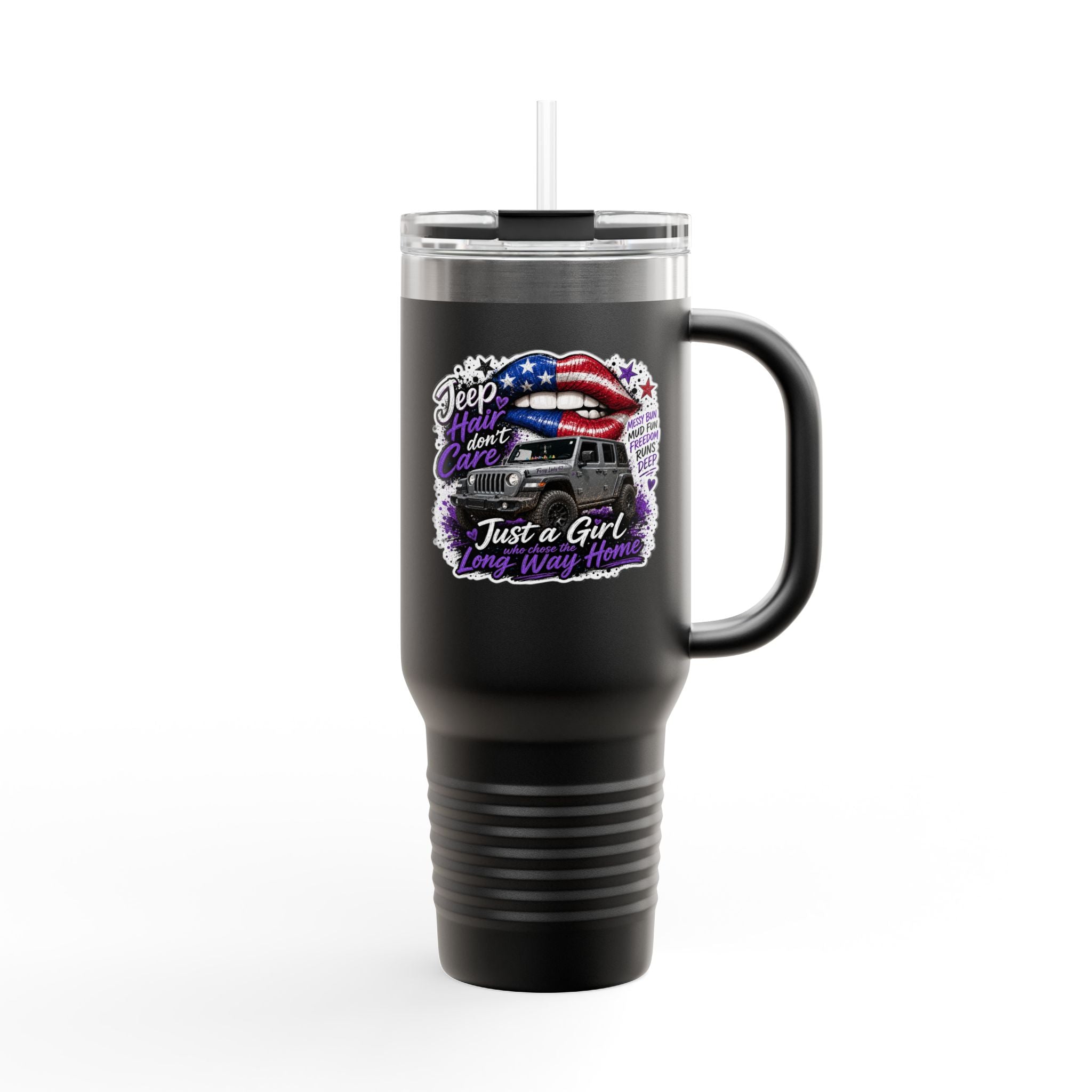 "Jeep Hair Don't Care" Patriotic Truck Design — 40oz Insulated Travel Mug