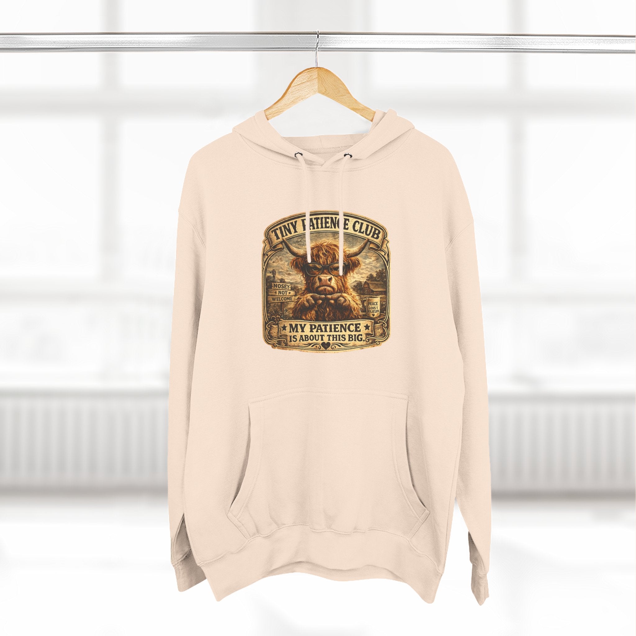 Tiny Patience Club Highland Cow Three-Panel Fleece Hoodie