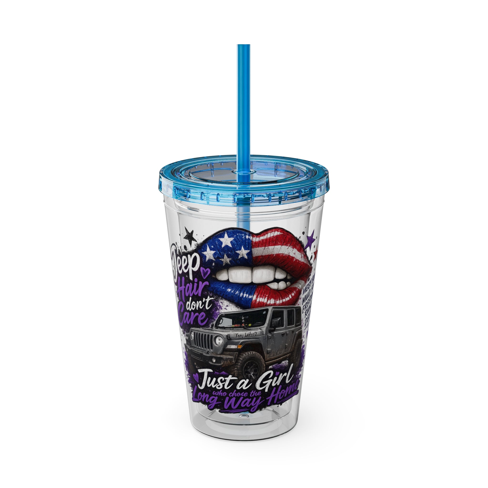 Jeep Girl 16oz Tumbler with Straw — American Flag Lips ‘Jeep Hair Don’t Care’ Design