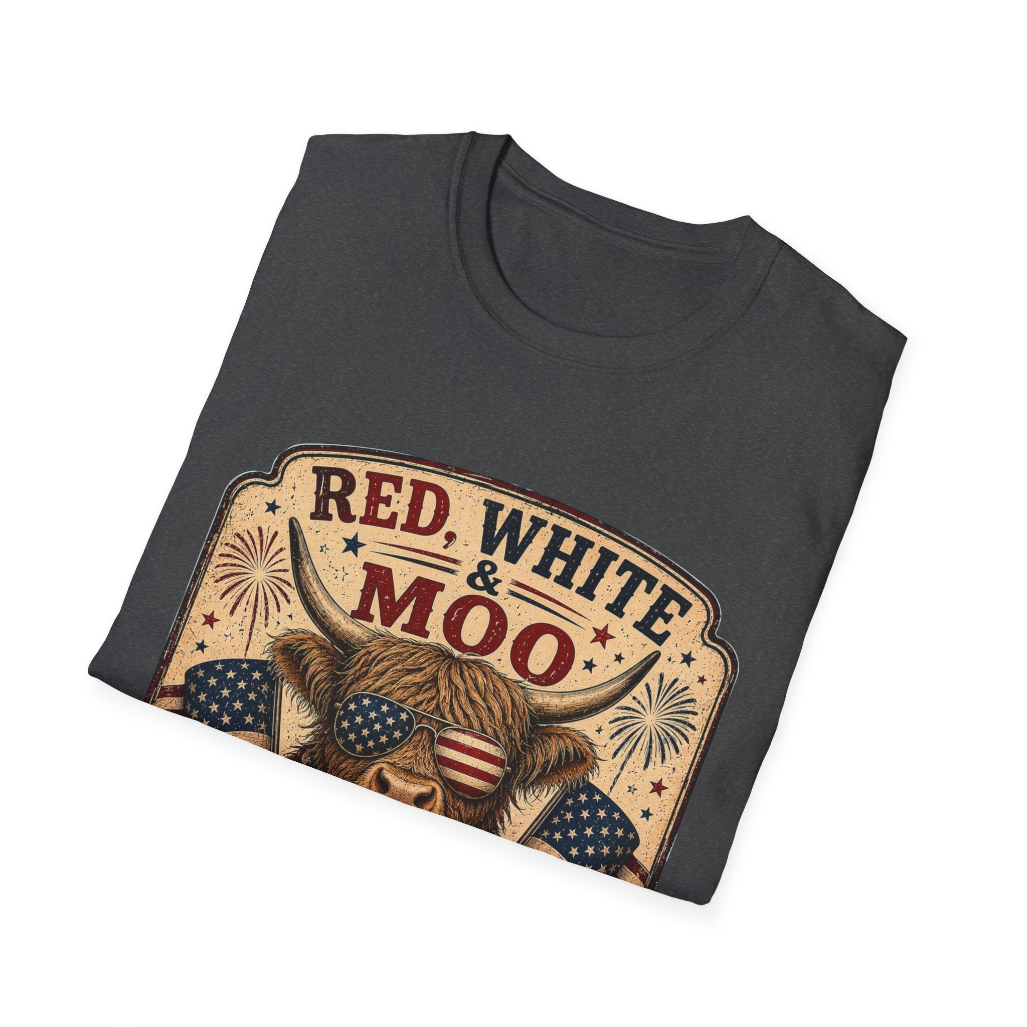 Red, White, & Moo Highland Cow Unisex Softstyle T-Shirt