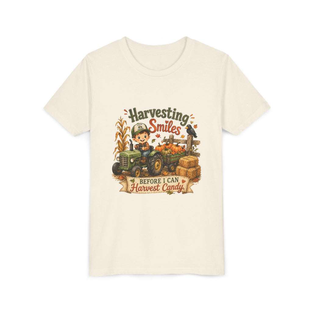 "Harvesting Smiles Before I Can Harvest Candy" Fall Tractor Halloween Kids Shirt — Youth Tee