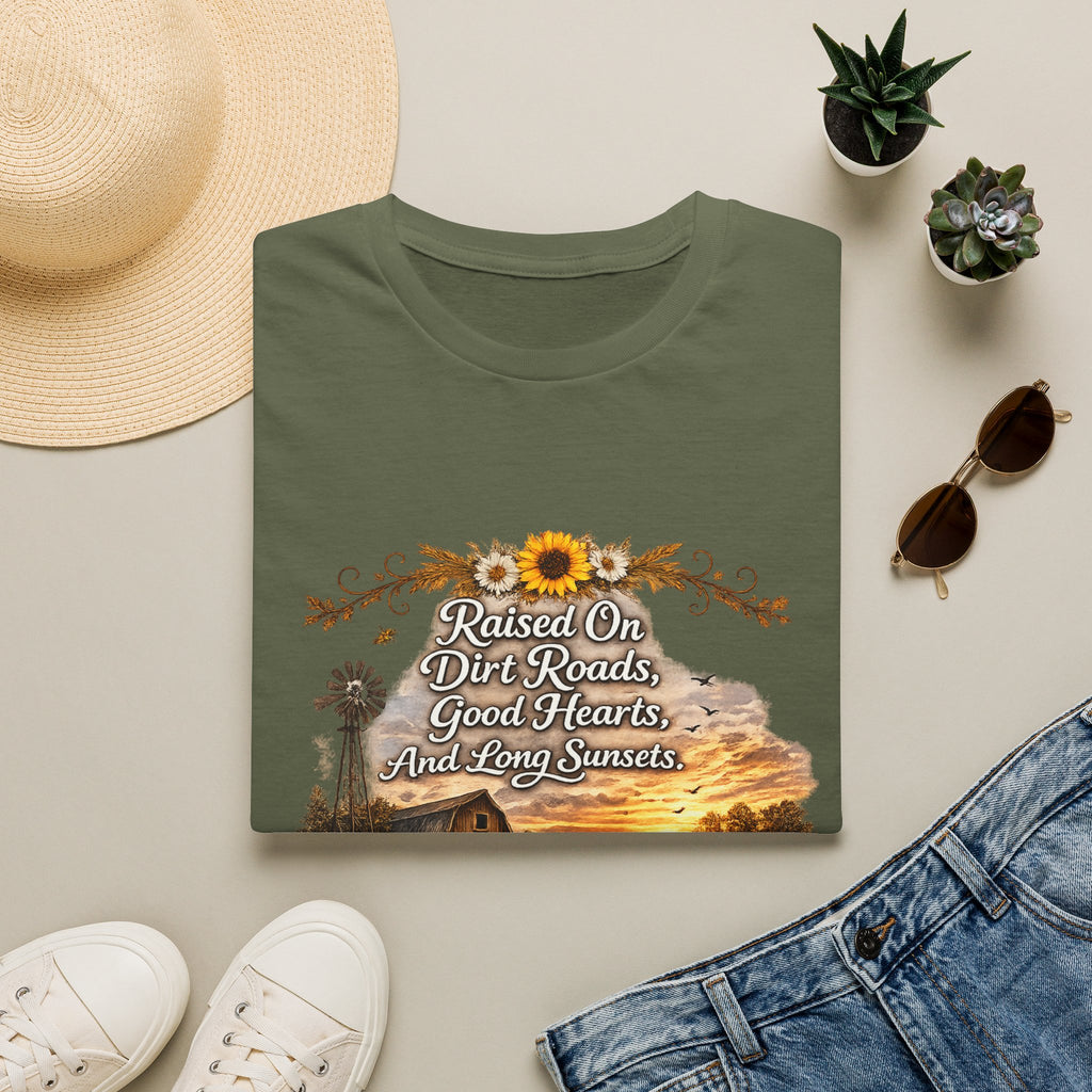 "Raised On Dirt Roads, Good Hearts, And Long Sunsets" Rustic Country Tee — T-Shirt