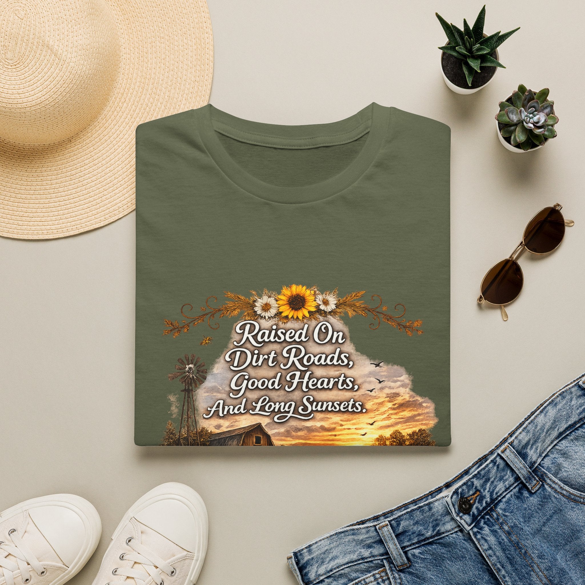 "Raised On Dirt Roads, Good Hearts, And Long Sunsets" Rustic Country Tee — T-Shirt