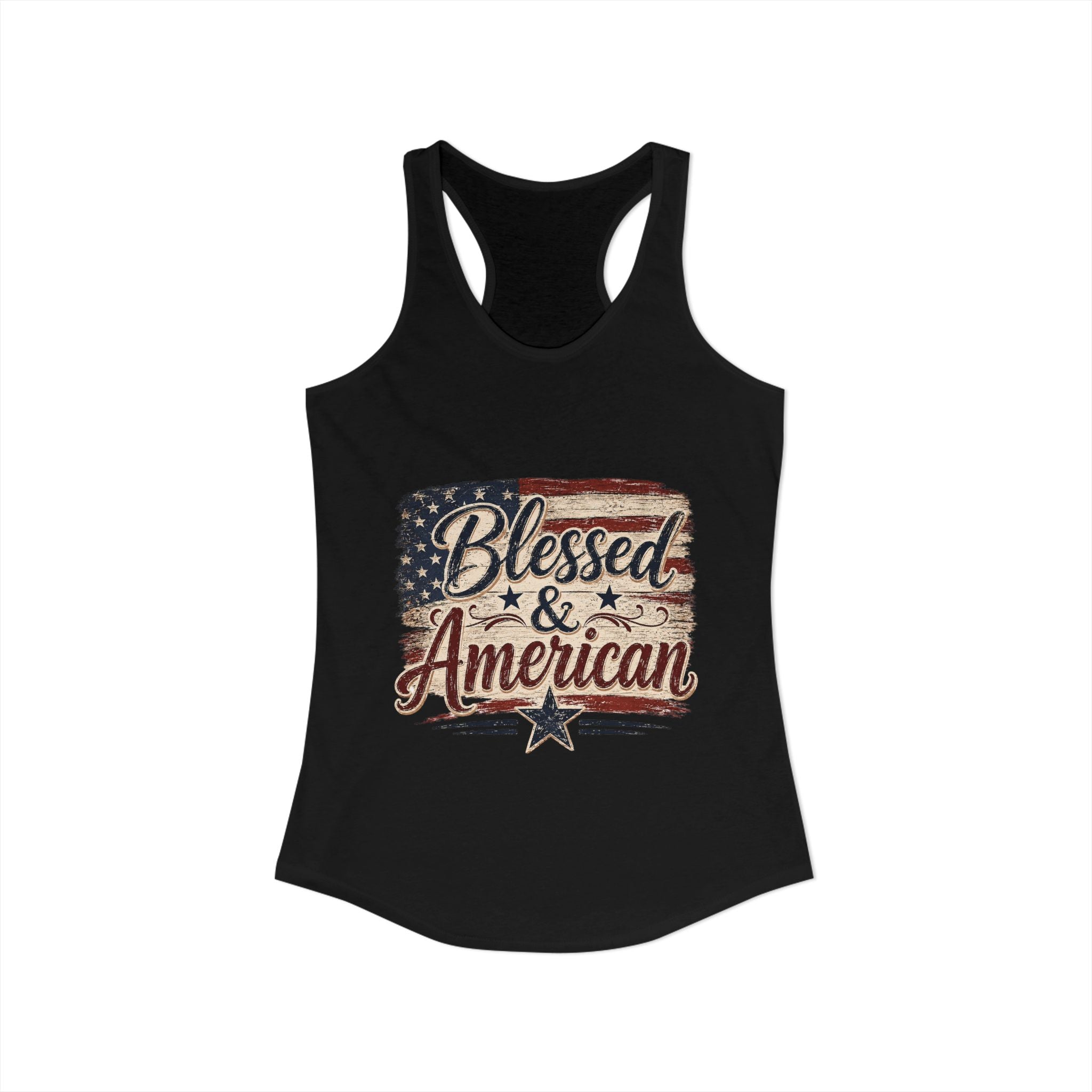 Blessed & American Women's Ideal Racerback Tank— Patriotic Flag Graphic Lightweight Sweatshirt