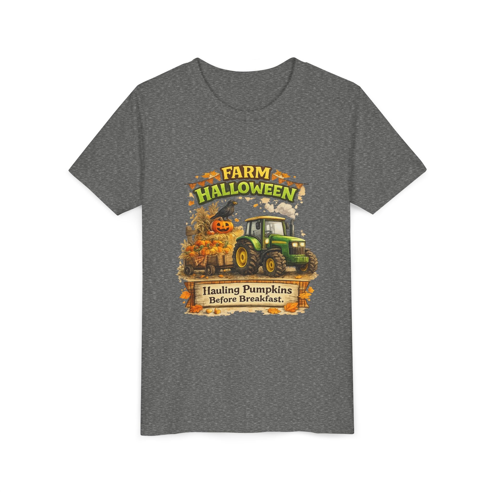 "Hauling Pumpkins Before Breakfast" Tractor Graphic — Youth Farm Halloween Tee
