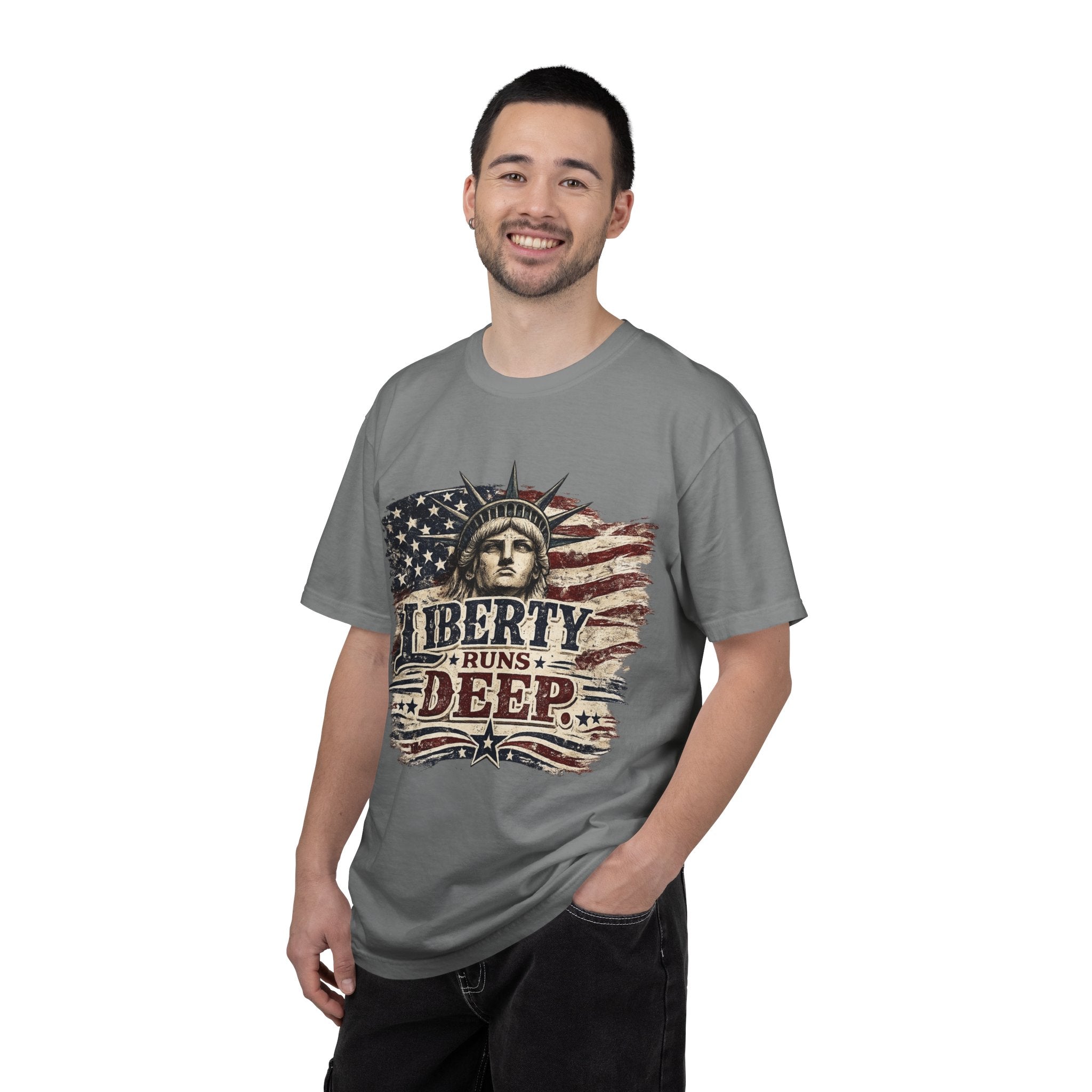 Liberty Runs Deep T-Shirt — Vintage Statue of Liberty & American Flag Graphic