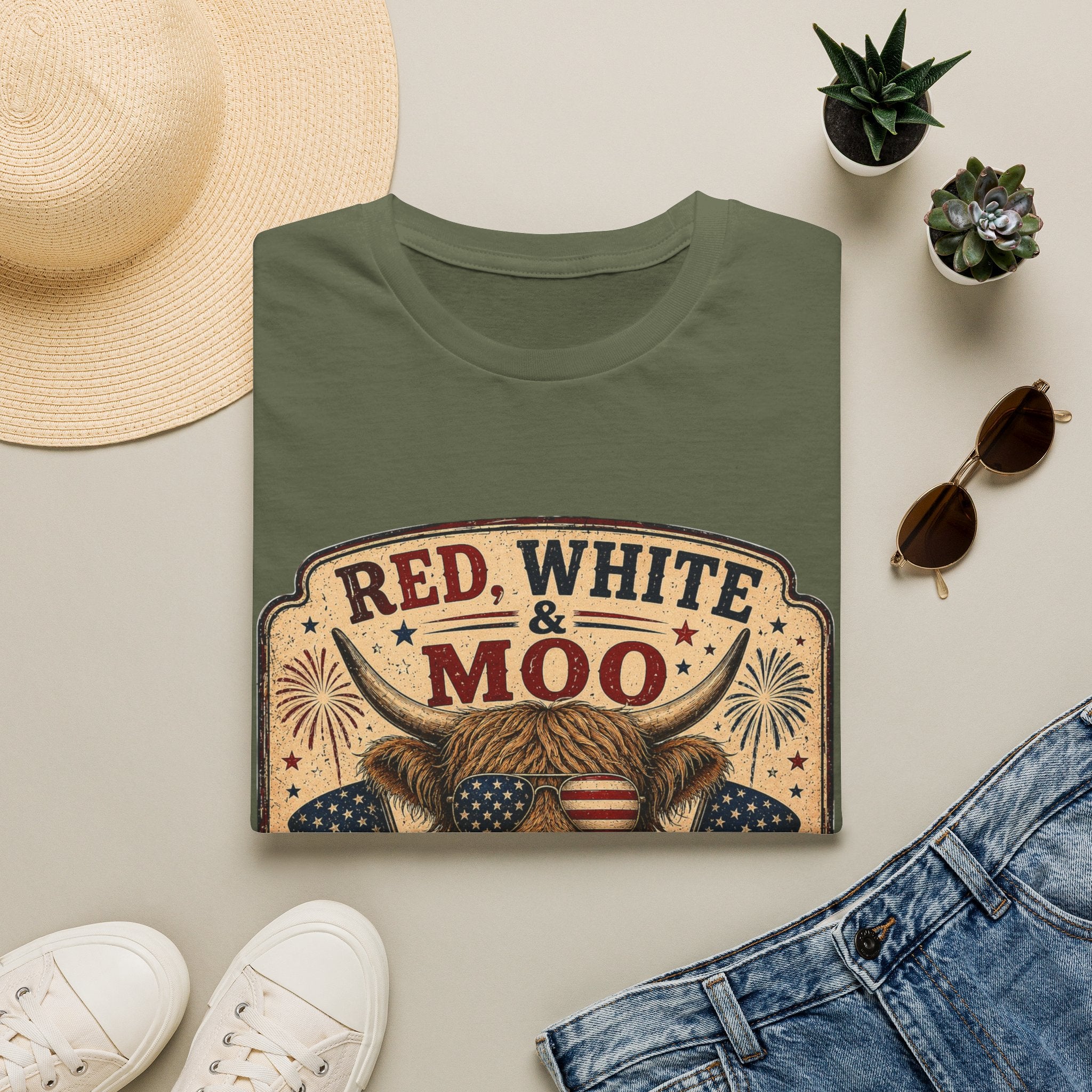 Red, White, & Moo Highland Cow Unisex Softstyle T-Shirt