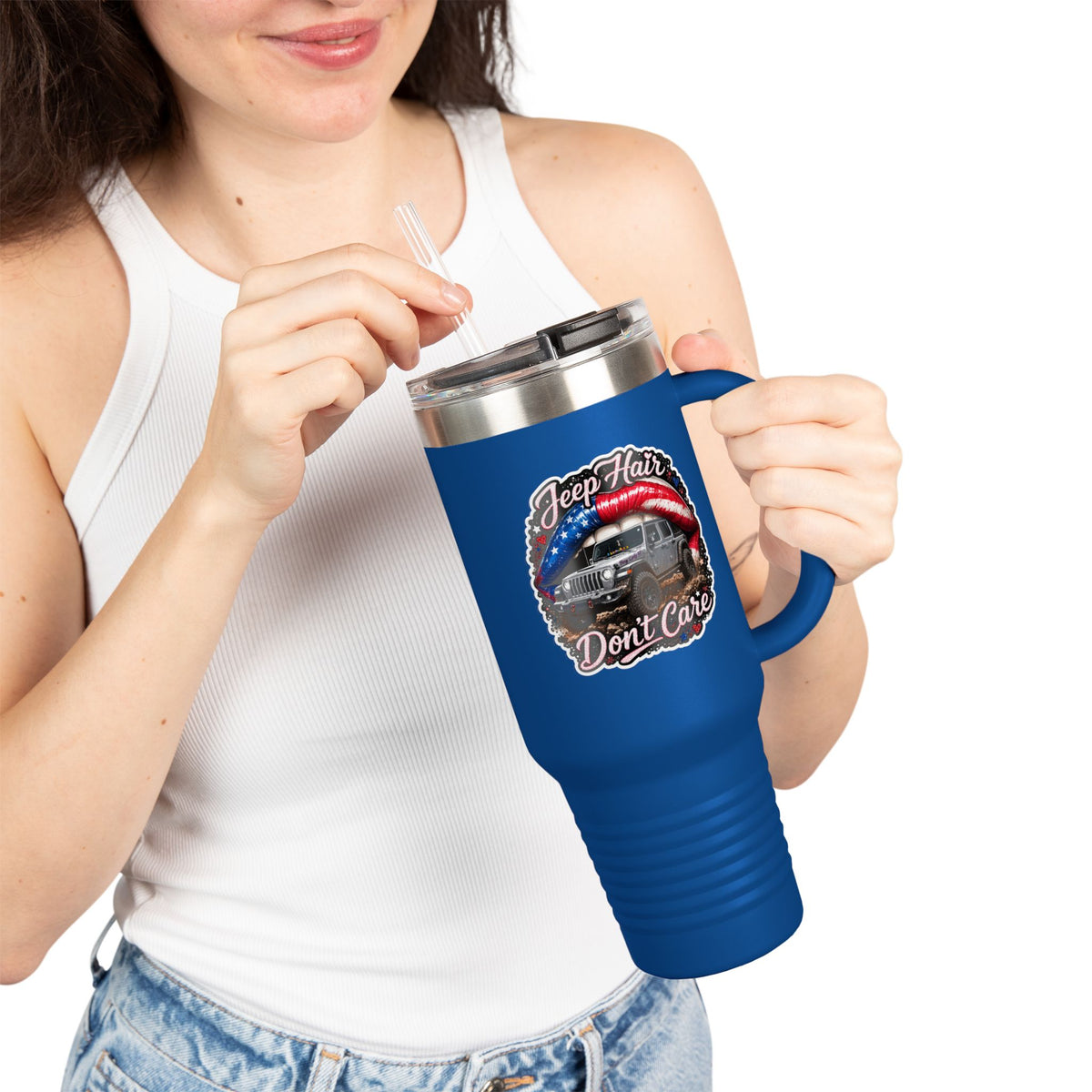 "Jeep Hair Don't Care" Patriotic Off‑Road Design — 40oz Insulated Travel Mug