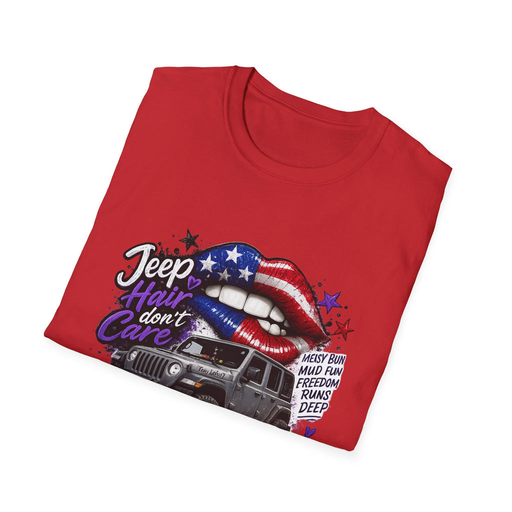 Jeep Hair Don't Care T-Shirt — American Flag Lips Off-Road Truck Tee