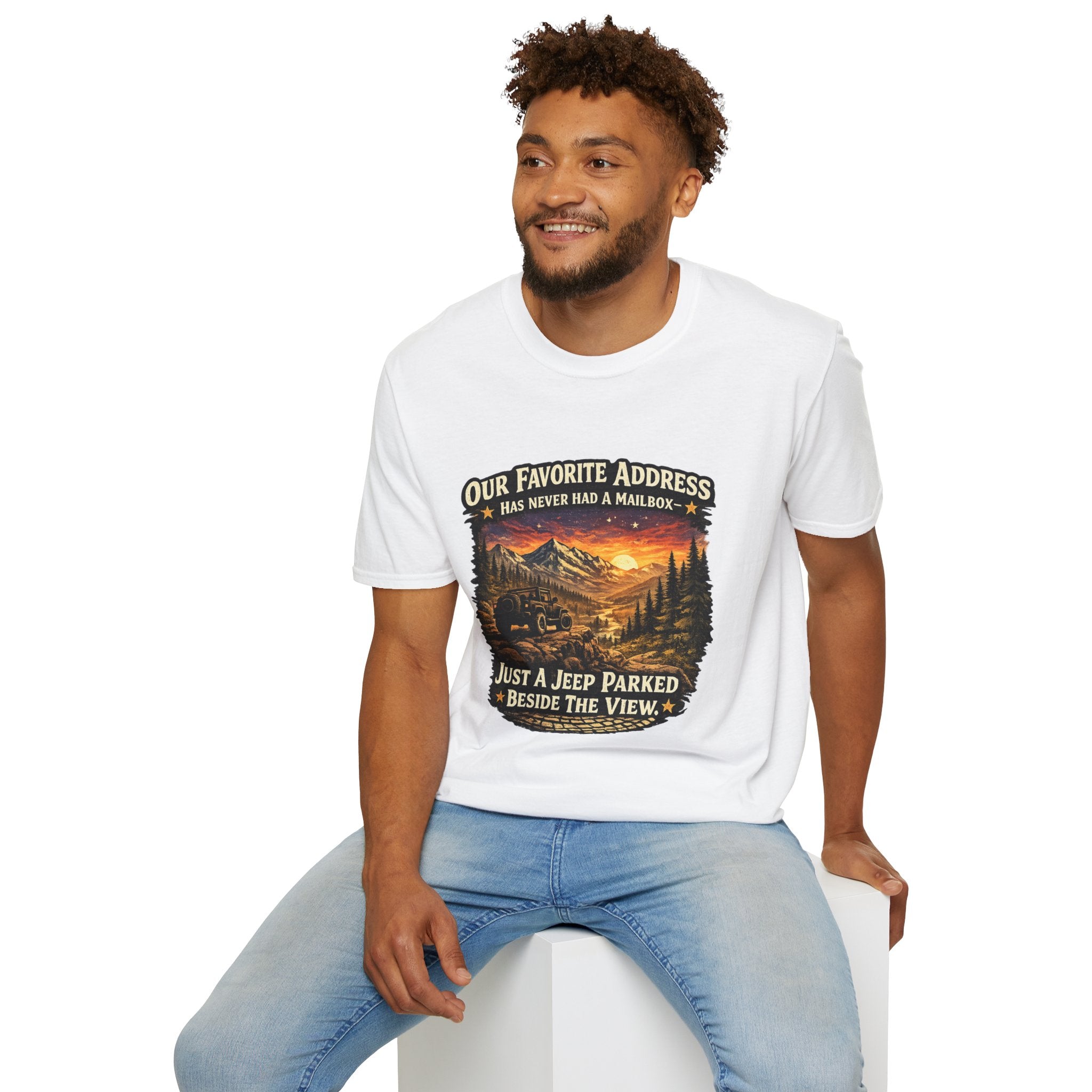 "Our Favorite Address Has Never Had a Mailbox" Scenic Mountain Camping Tee — T-Shirt